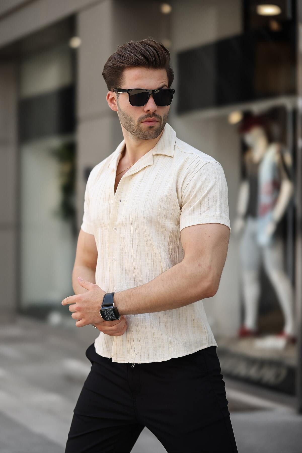 Erkek Yazlık Likralı Slim Fit Gömlek Yaka Kısa Kollu Gömlek