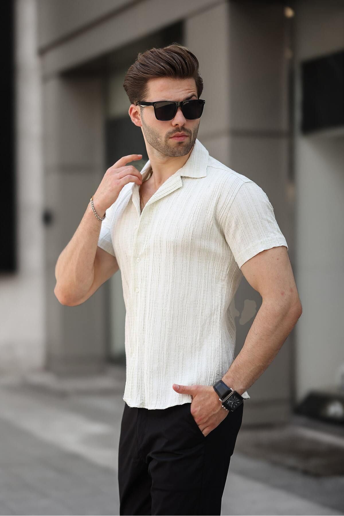 Erkek Yazlık Likralı Slim Fit Gömlek Yaka Kısa Kollu Gömlek