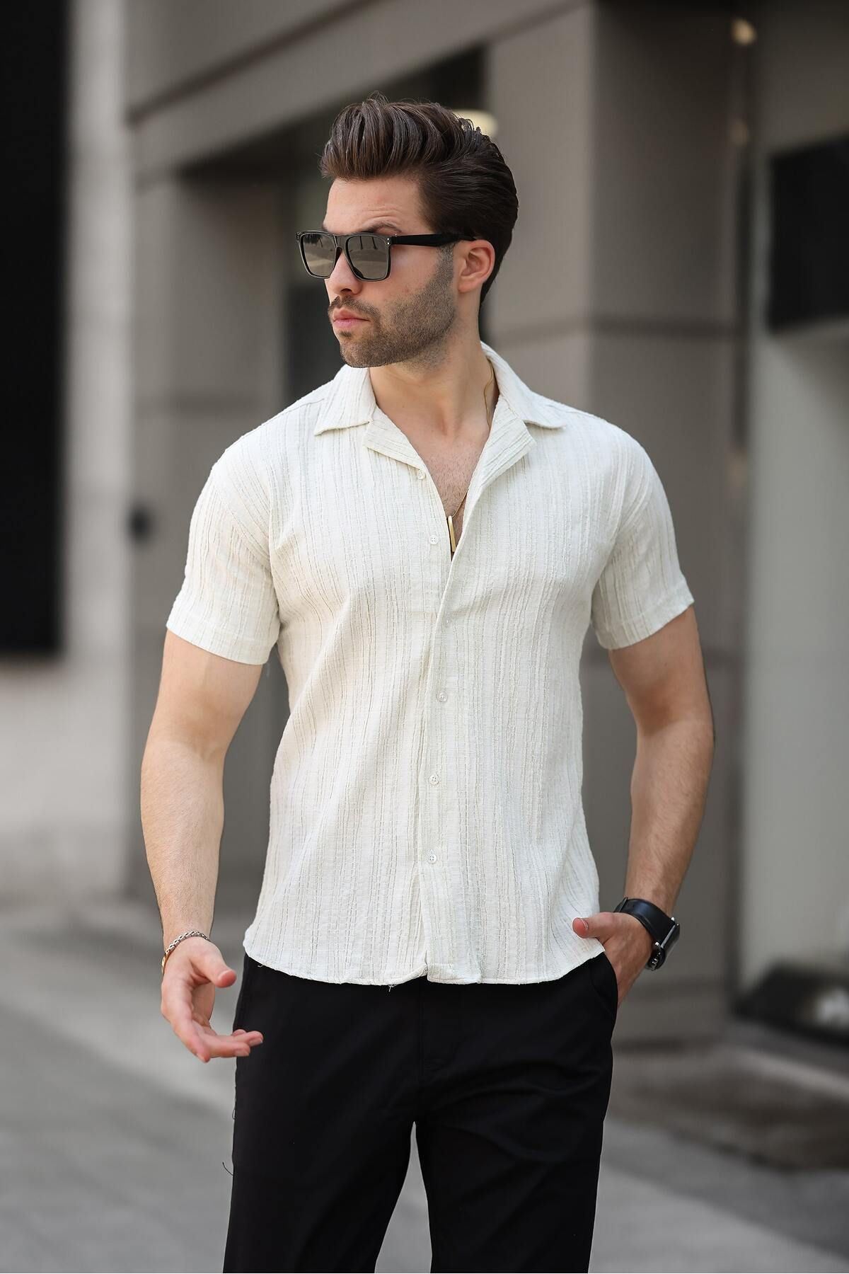 Erkek Yazlık Likralı Slim Fit Gömlek Yaka Kısa Kollu Gömlek