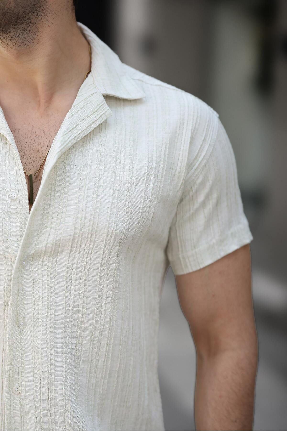 Erkek Yazlık Likralı Slim Fit Gömlek Yaka Kısa Kollu Gömlek