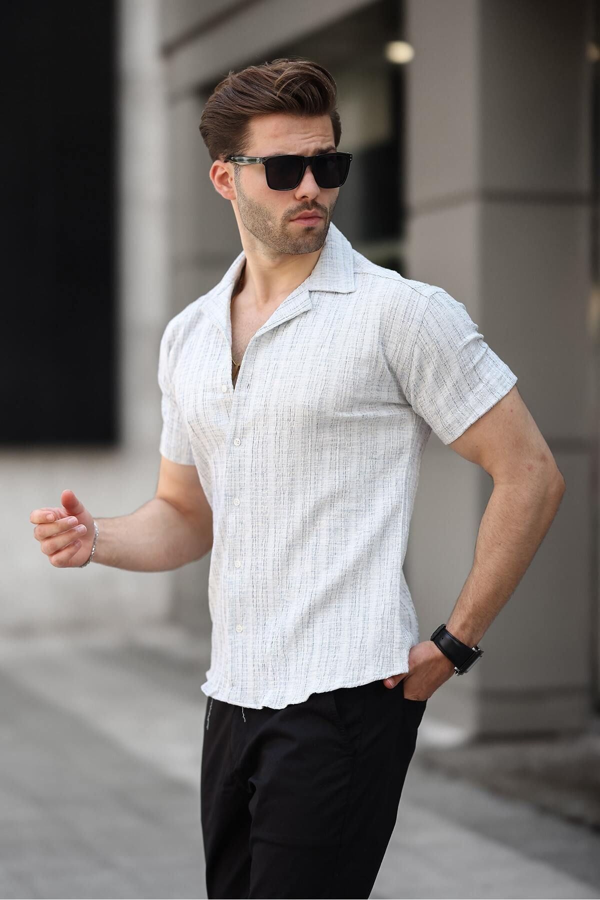 Erkek Yazlık Likralı Slim Fit Gömlek Yaka Kısa Kollu Gömlek