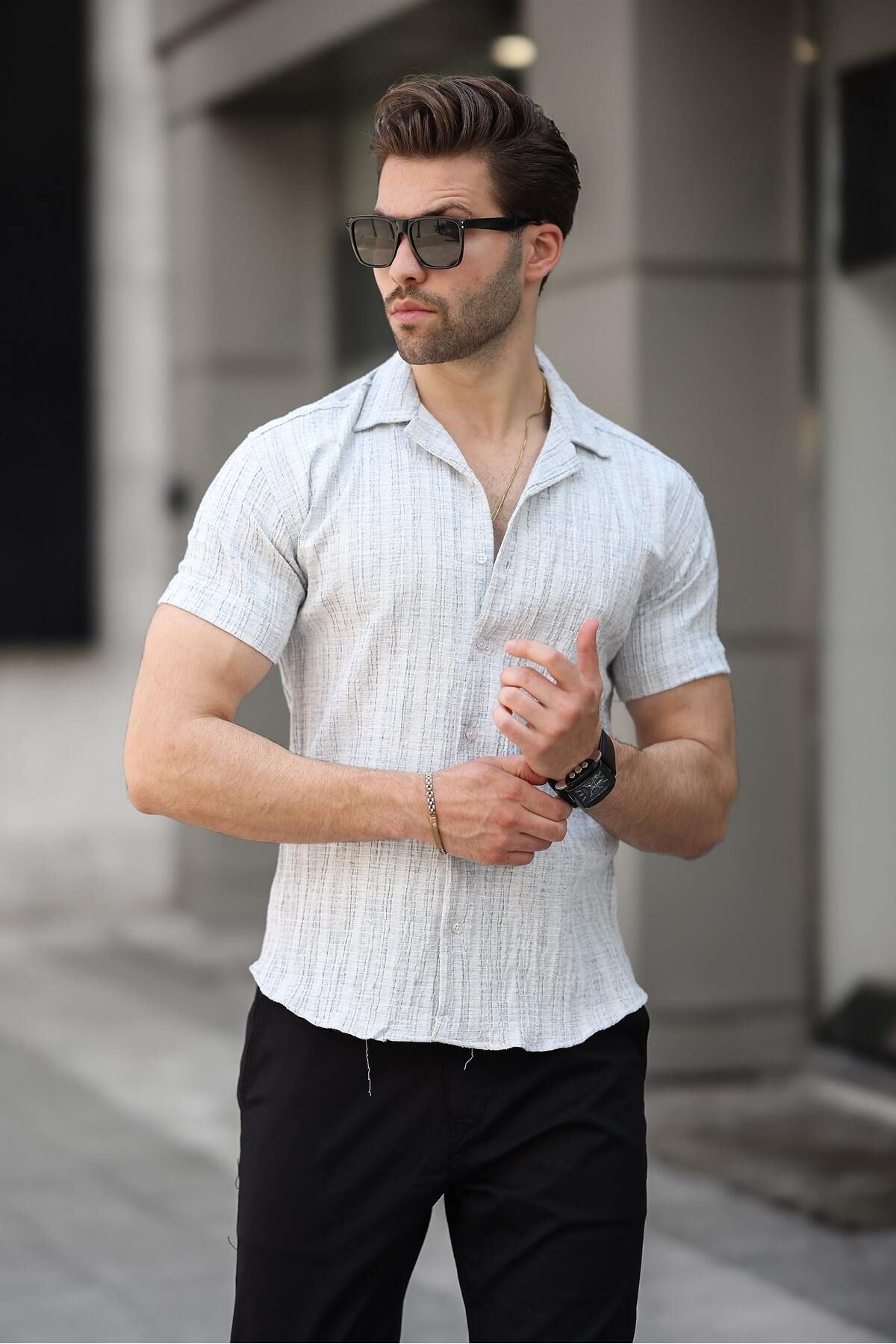 Erkek Yazlık Likralı Slim Fit Gömlek Yaka Kısa Kollu Gömlek