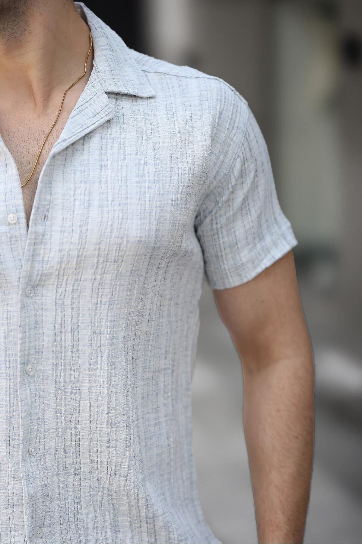 Erkek Yazlık Likralı Slim Fit Gömlek Yaka Kısa Kollu Gömlek