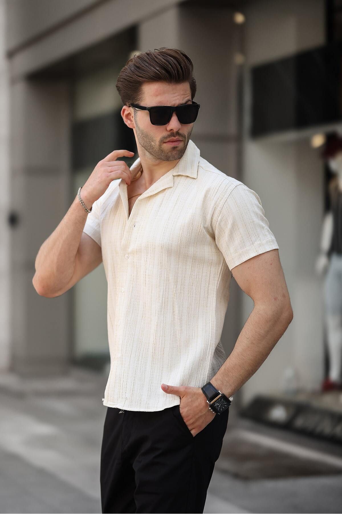 Erkek Yazlık Likralı Slim Fit Gömlek Yaka Kısa Kollu Gömlek