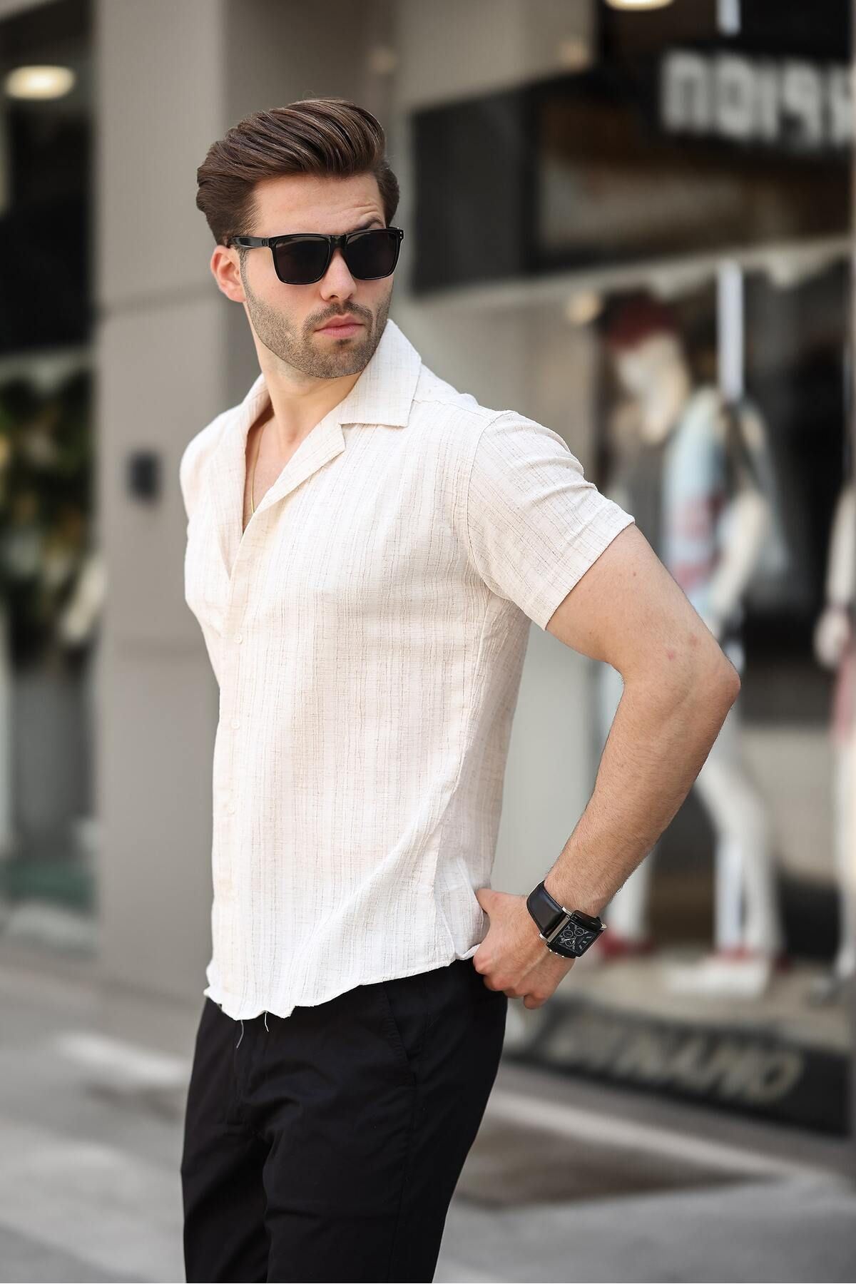 Erkek Yazlık Likralı Slim Fit Gömlek Yaka Kısa Kollu Gömlek