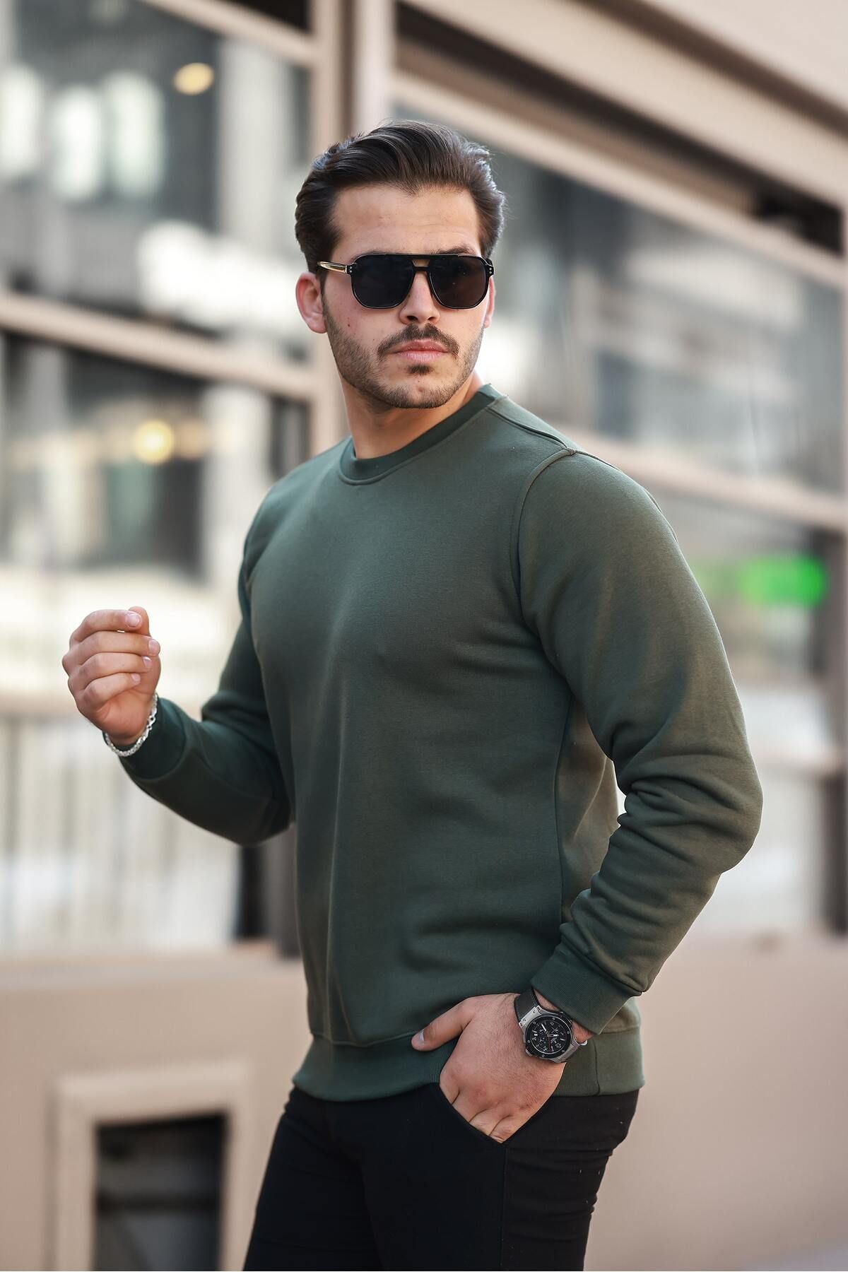 Erkek Bisiklet Yaka Basic Uzun Kollu Dar Haki Sweat