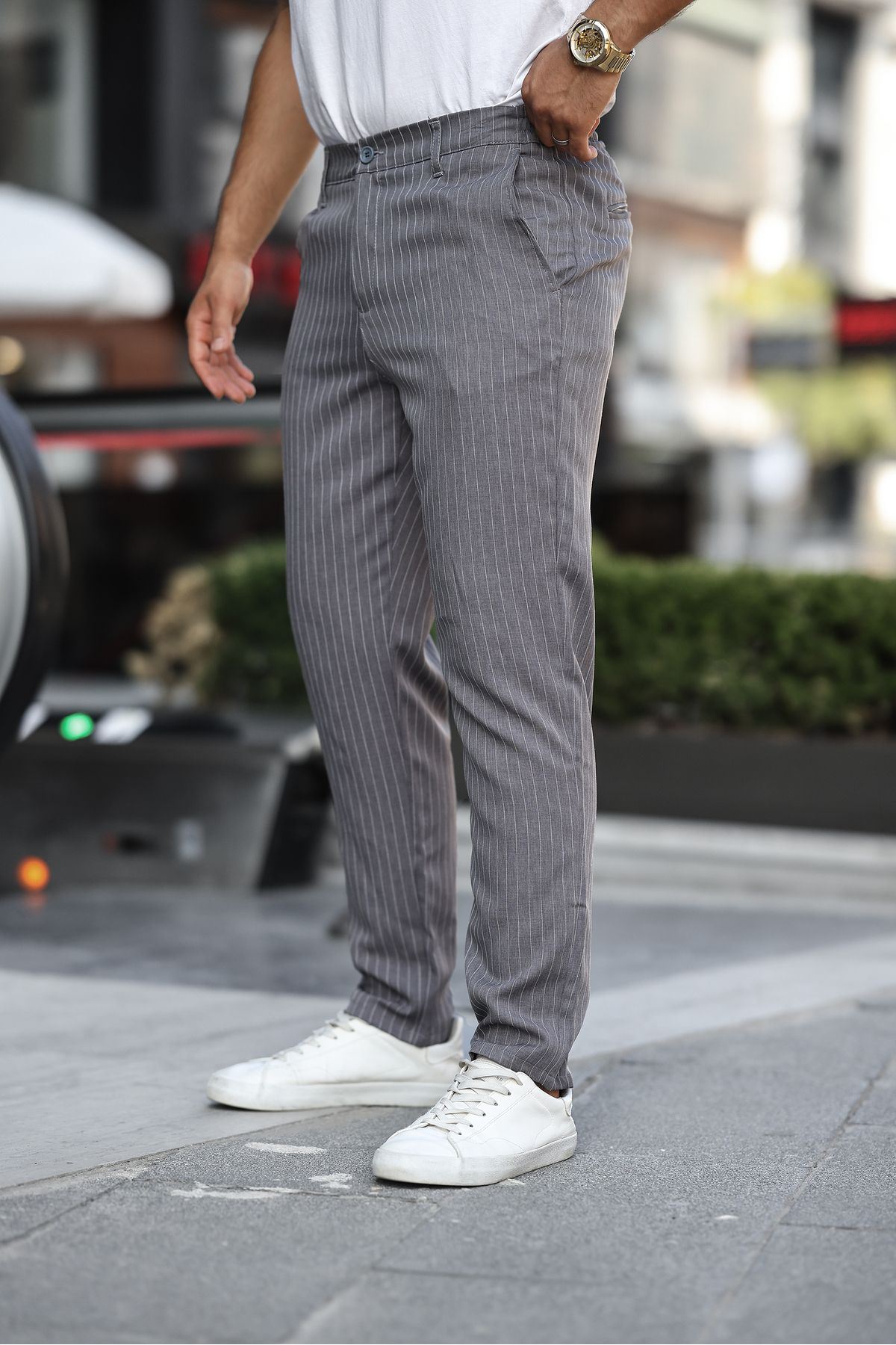 Erkek Slim Fit Düz Paça Füme Çizgili Pantolon