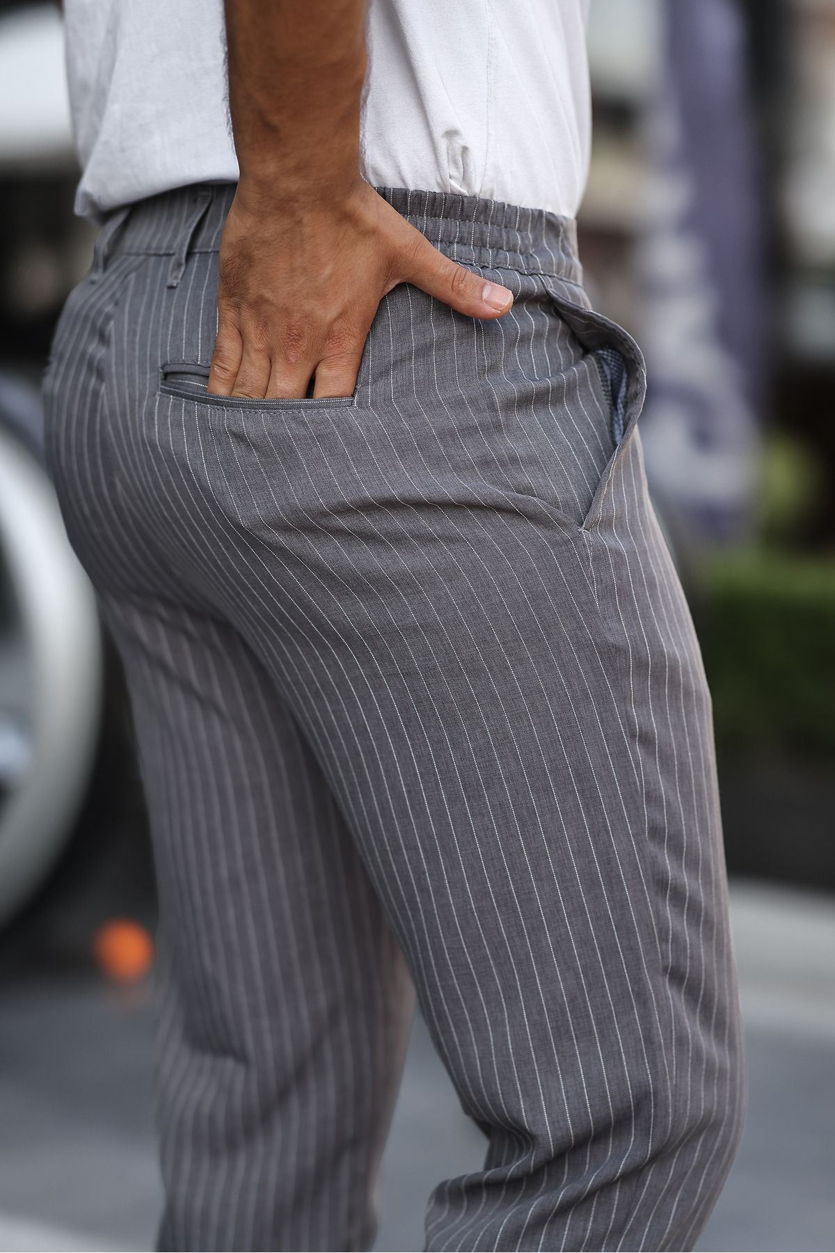 Erkek Slim Fit Düz Paça Füme Çizgili Pantolon