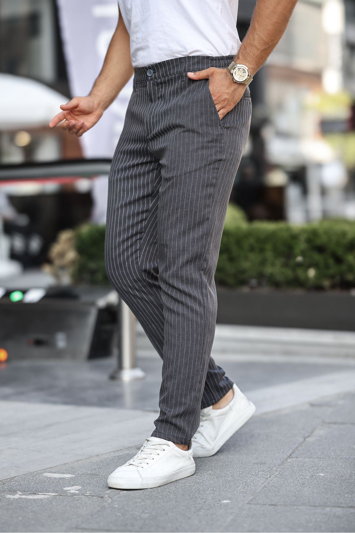 Erkek Slim Fit Düz Paça Antrasit Çizgili Pantolon