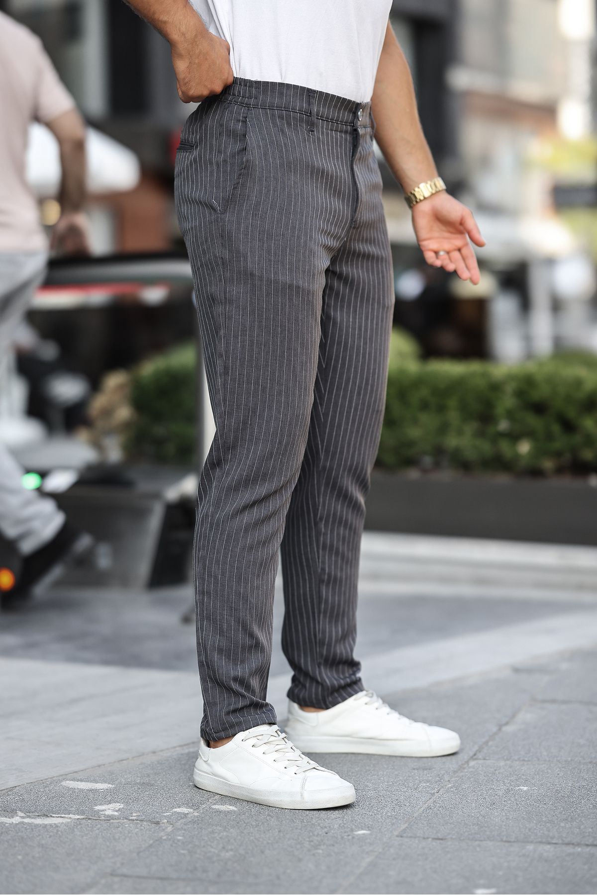 Erkek Slim Fit Düz Paça Antrasit Çizgili Pantolon