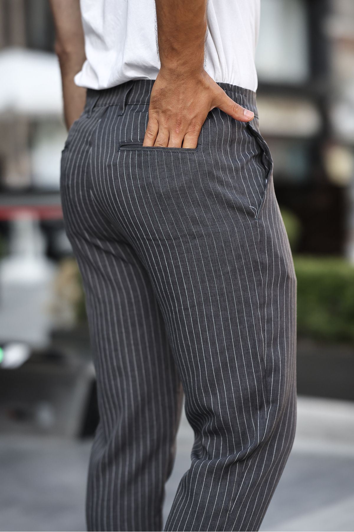 Erkek Slim Fit Düz Paça Antrasit Çizgili Pantolon