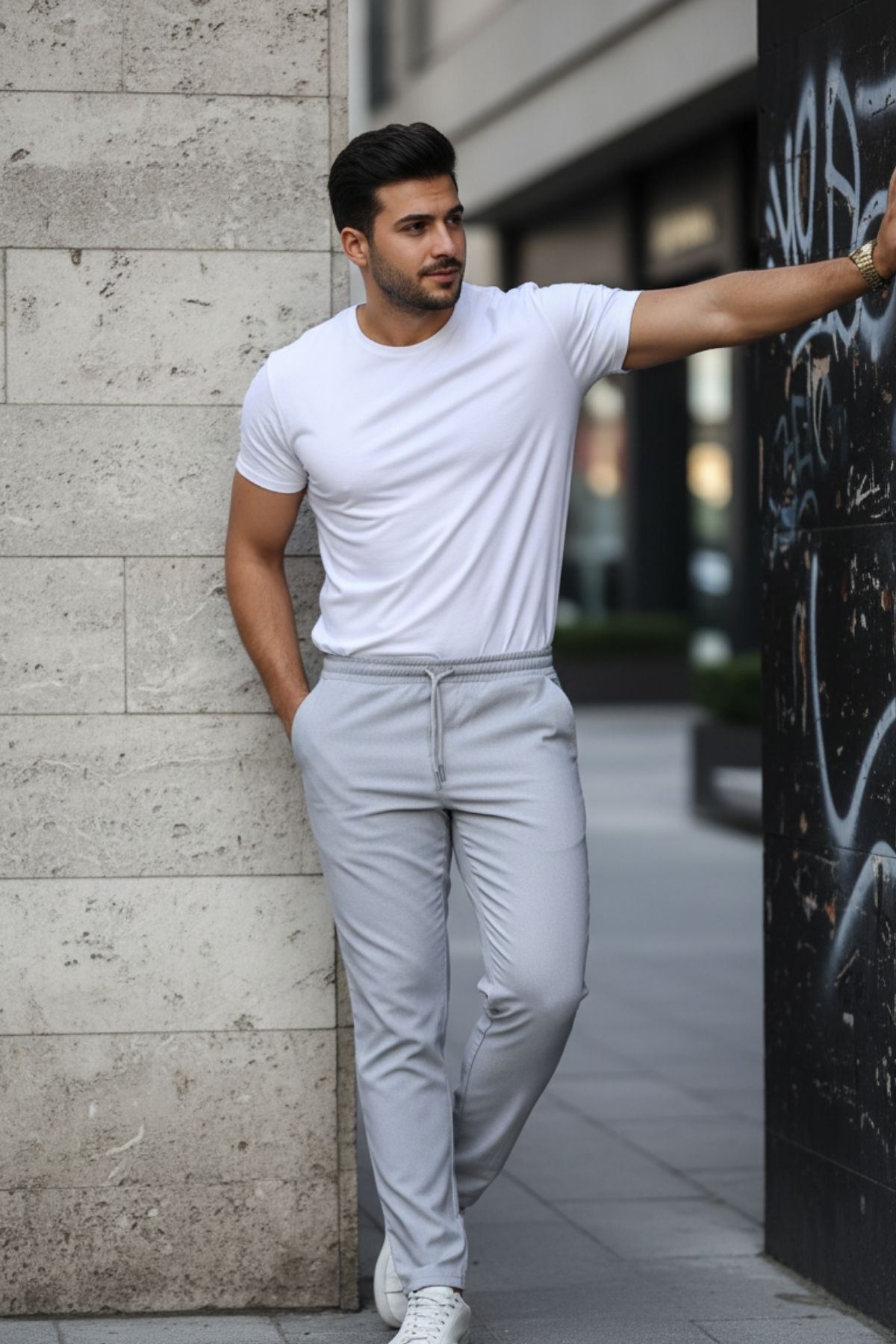 Erkek Bel Lastikli Düz Paça Jogger Gri Pantolon