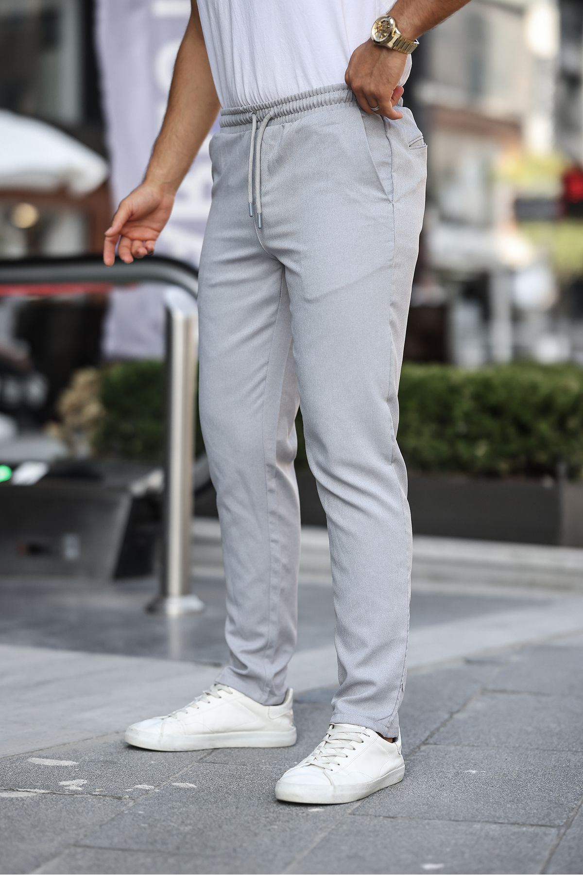 Erkek Bel Lastikli Düz Paça Jogger Gri Pantolon