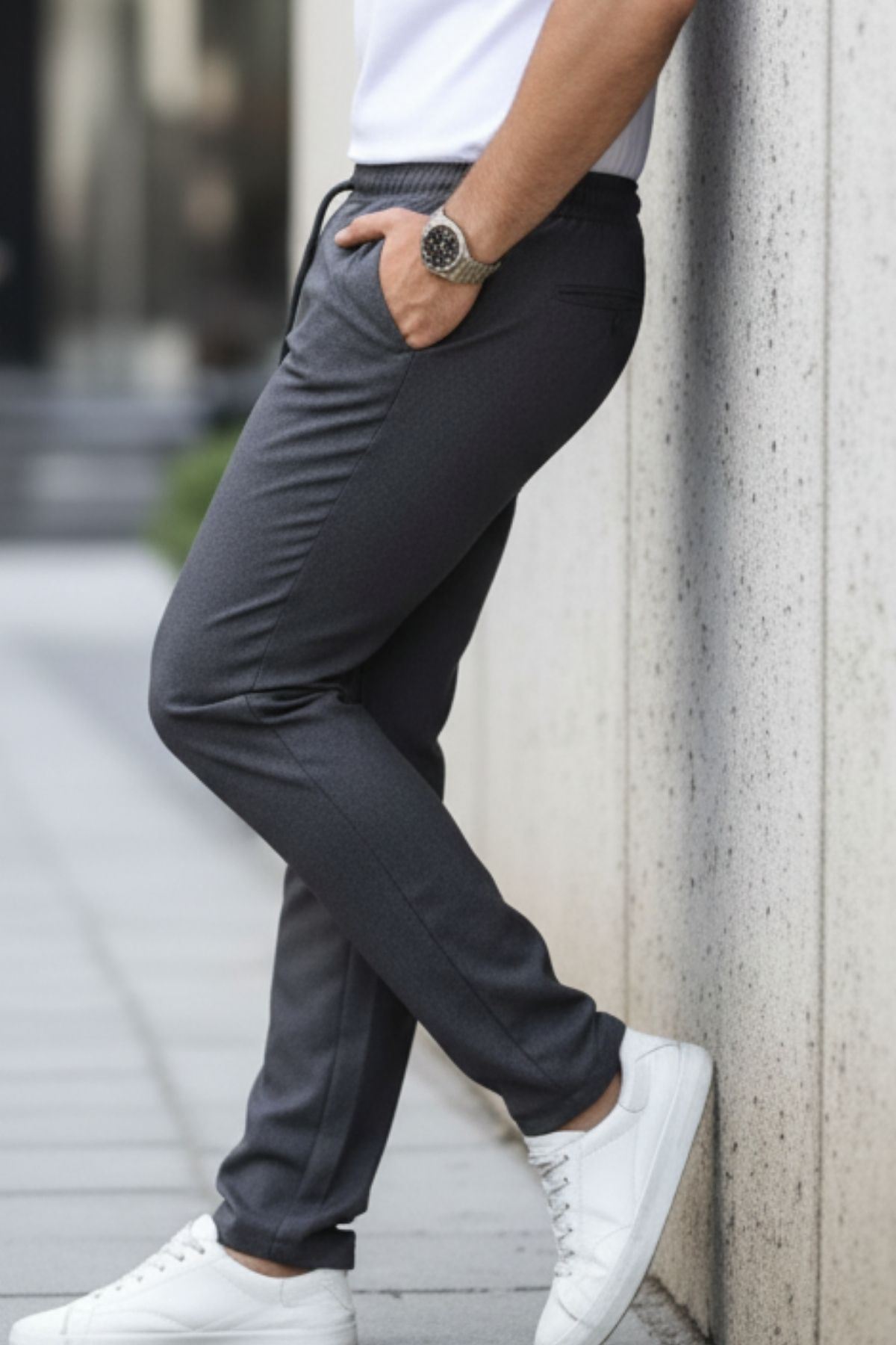 Erkek Bel Lastikli Düz Paça Jogger Antrasit Pantolon