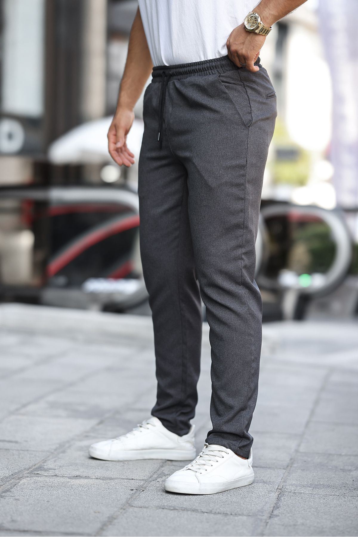 Erkek Bel Lastikli Düz Paça Jogger Antrasit Pantolon
