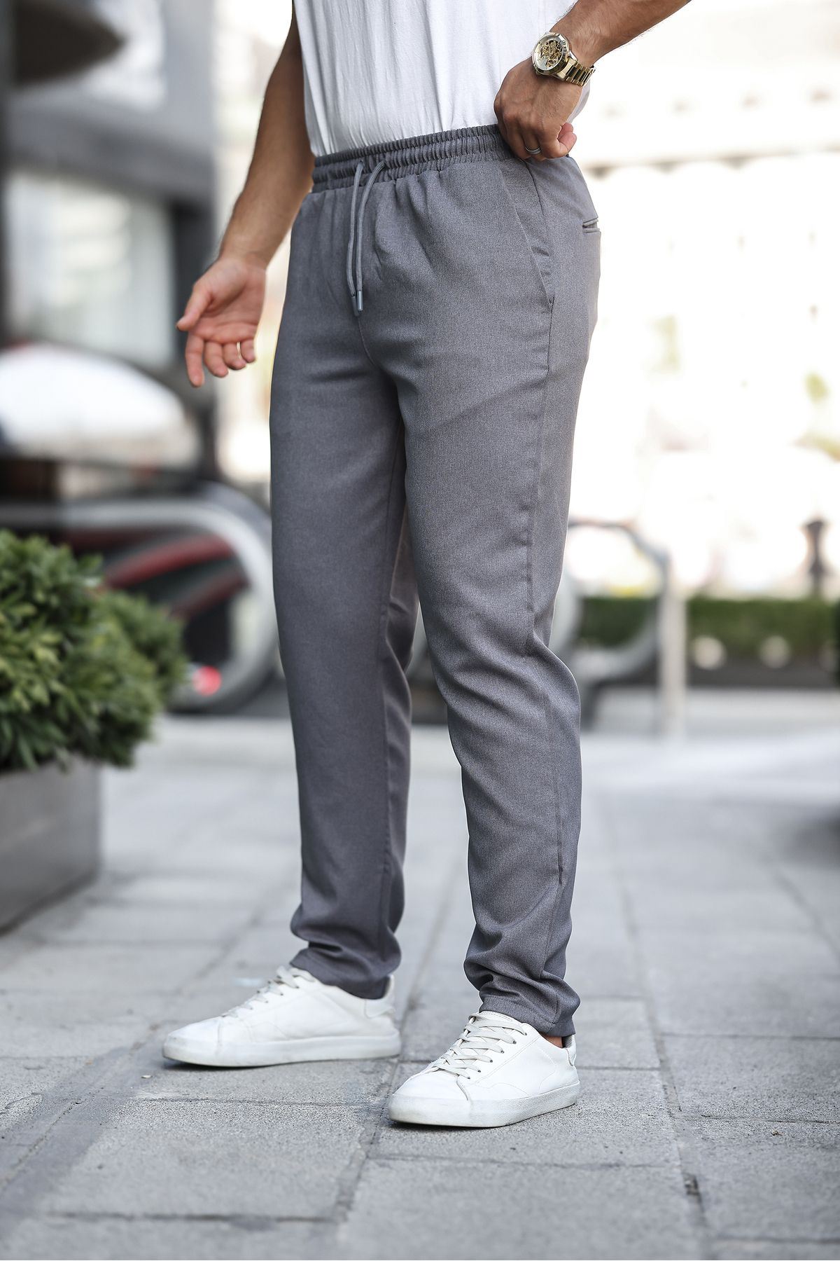 Erkek Bel Lastikli Düz Paça Jogger Füme Pantolon