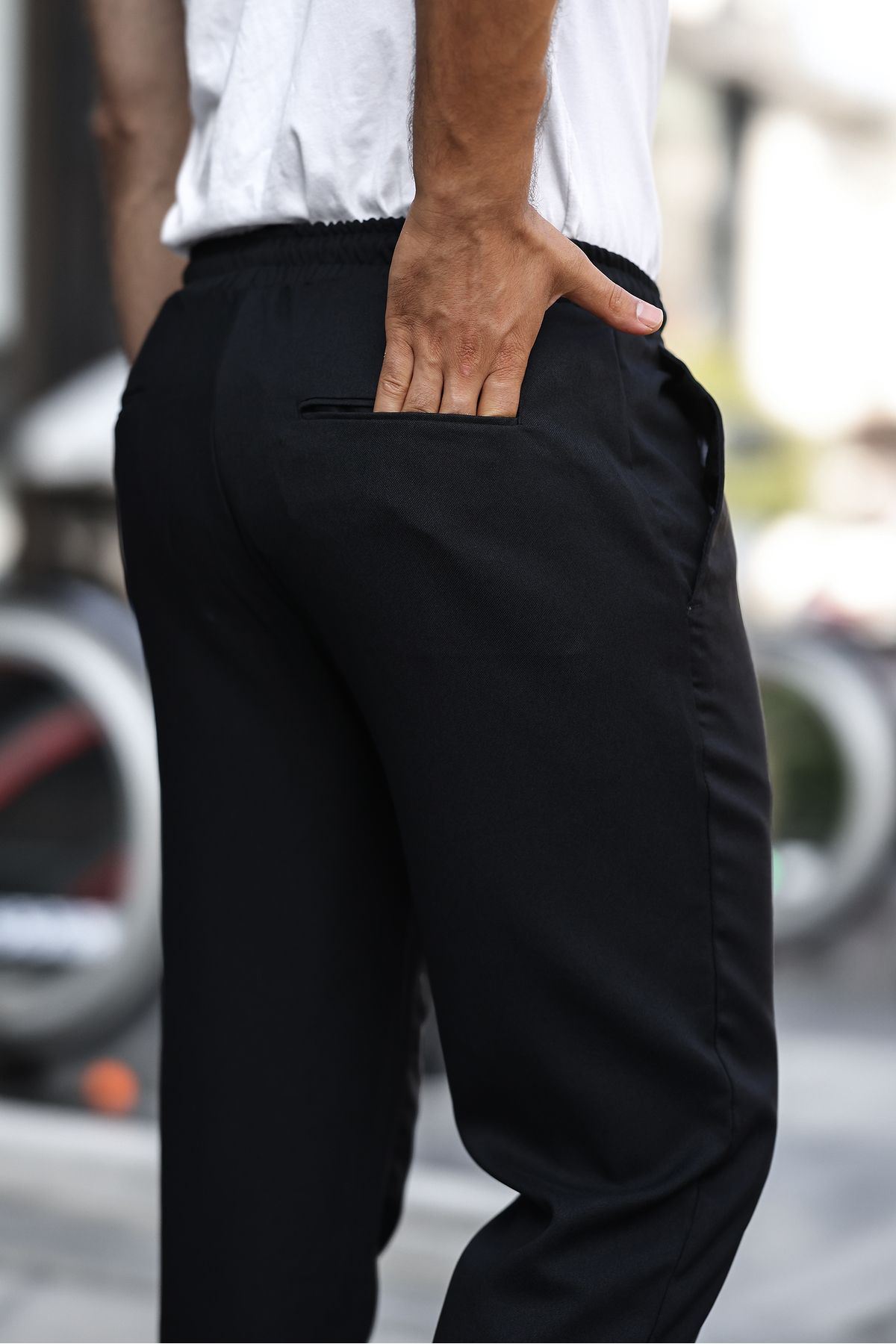 Erkek Bel Lastikli Düz Paça Jogger Siyah Pantolon