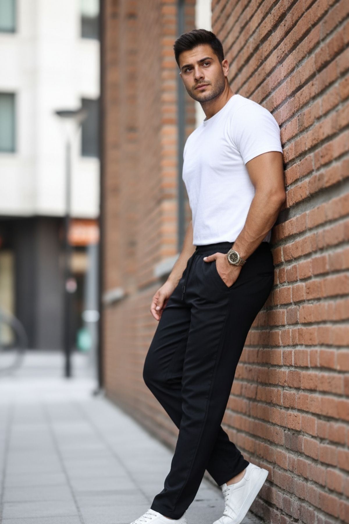 Erkek Bel Lastikli Düz Paça Jogger Siyah Pantolon