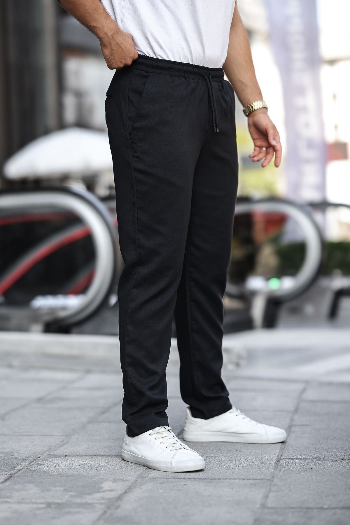 Erkek Bel Lastikli Düz Paça Jogger Siyah Pantolon