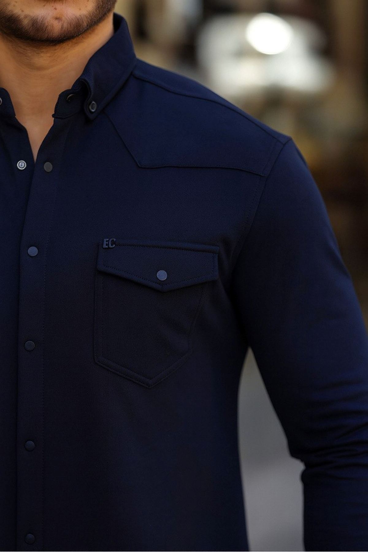 Erkek Çıtçıtlı Cepli Uzun Kollu Kışlık Lacivert Gömlek