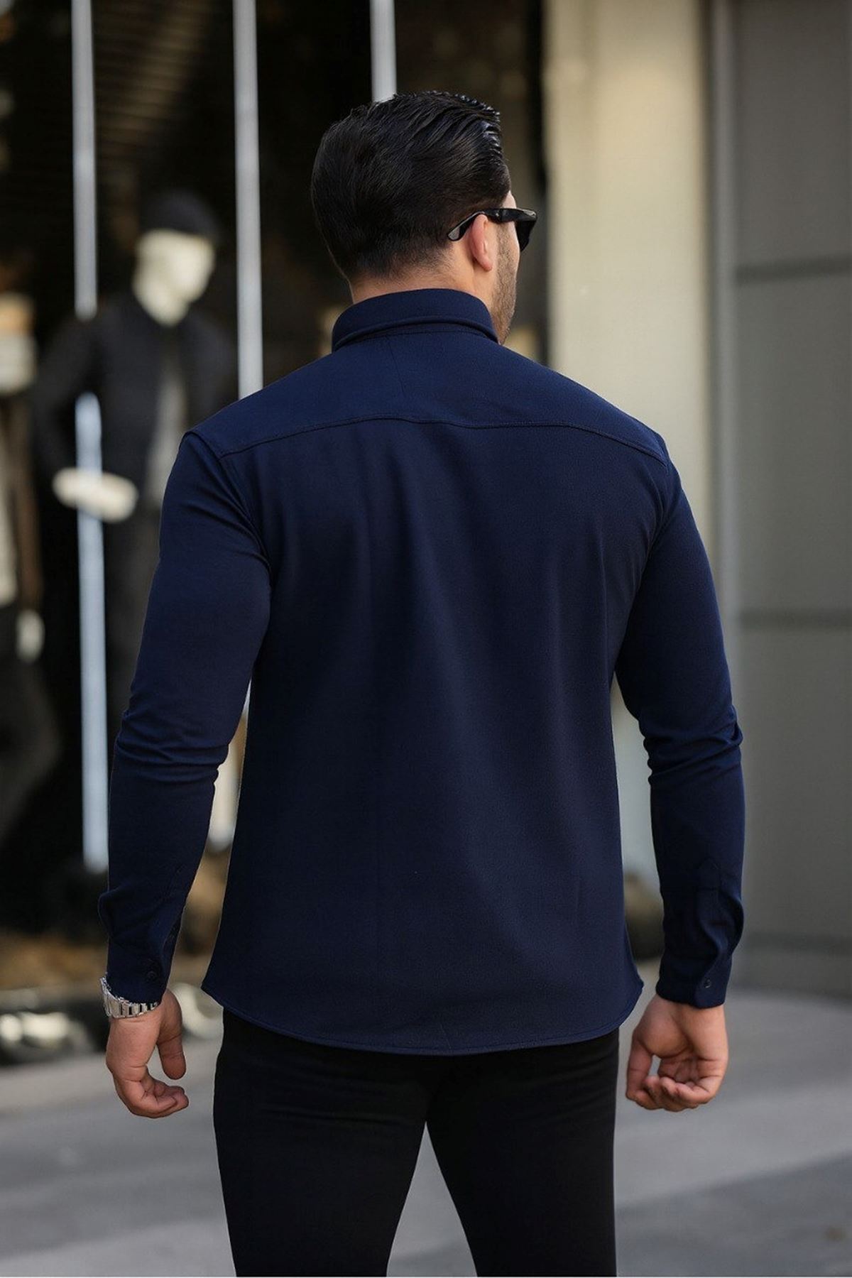 Erkek Çıtçıtlı Cepli Uzun Kollu Kışlık Lacivert Gömlek