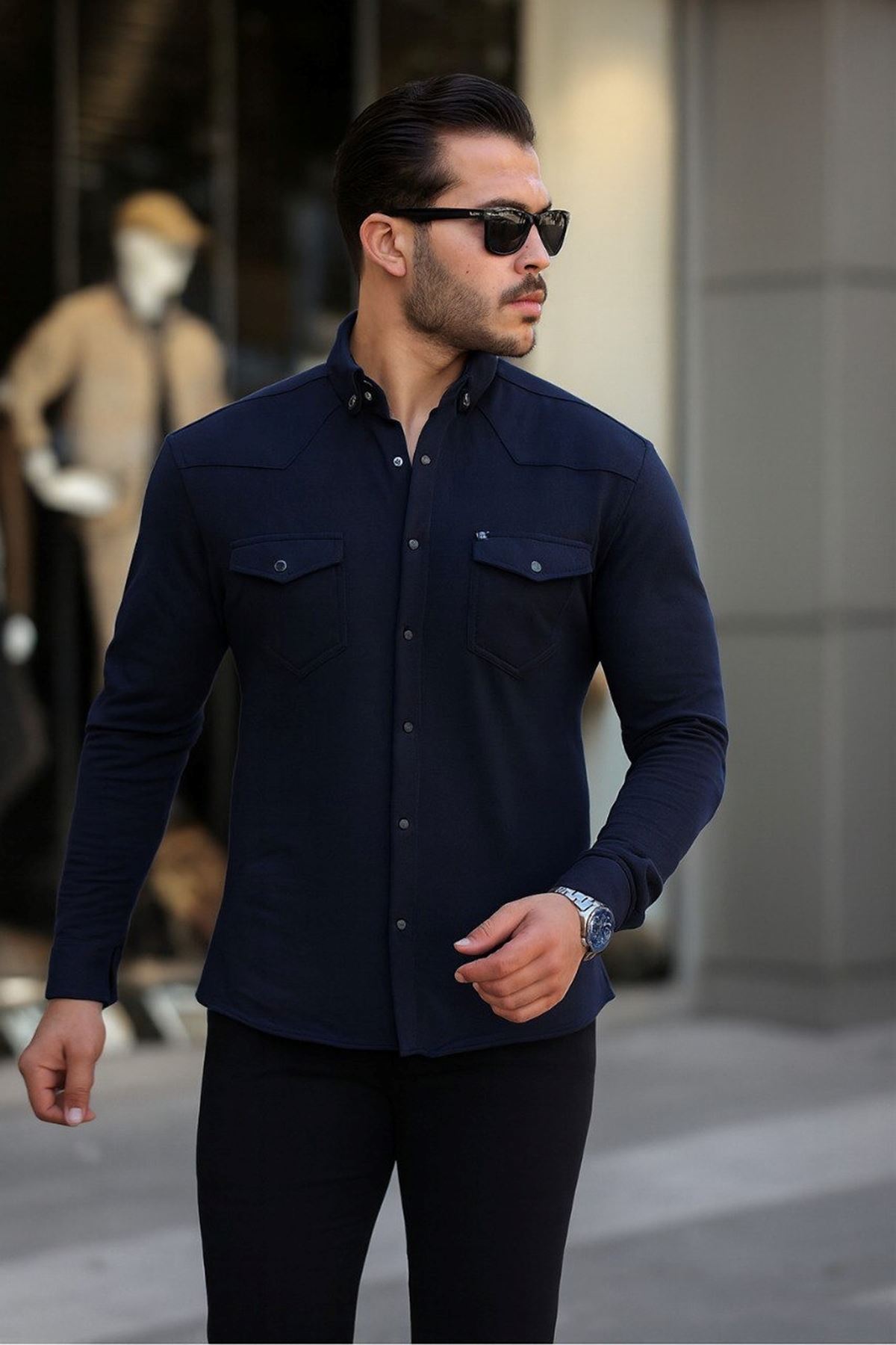 Erkek Çıtçıtlı Cepli Uzun Kollu Kışlık Lacivert Gömlek
