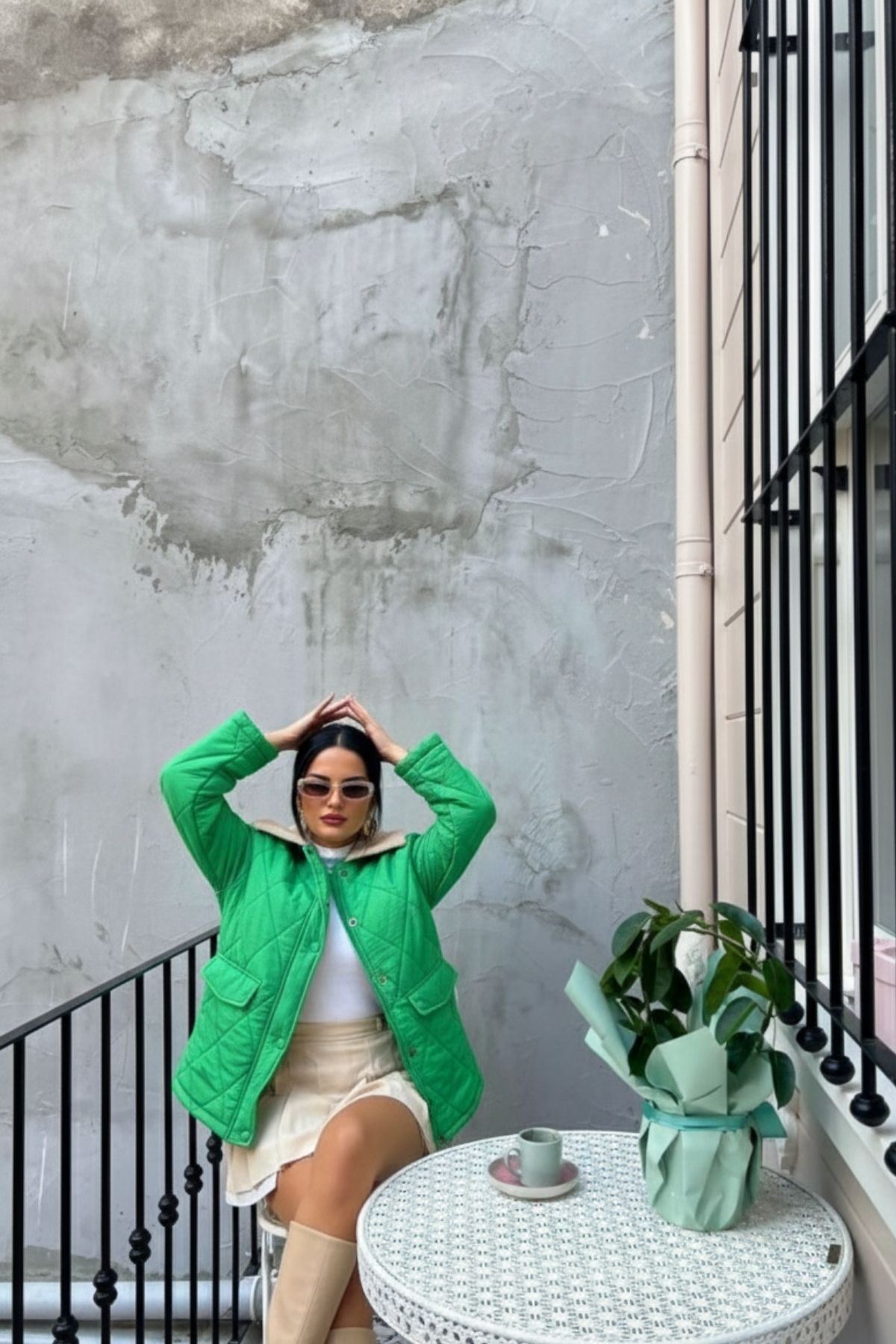 Kadın Kürk Yaka Baklava Desenli Kapitone Yeşil Ceket