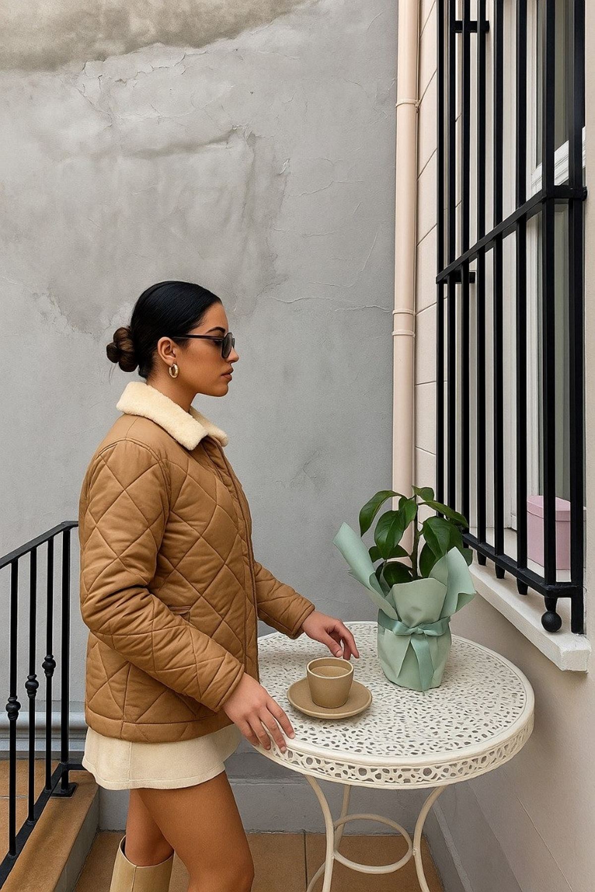 Kadın Kürk Yaka Baklava Desenli Kapitone Mavi Ceket