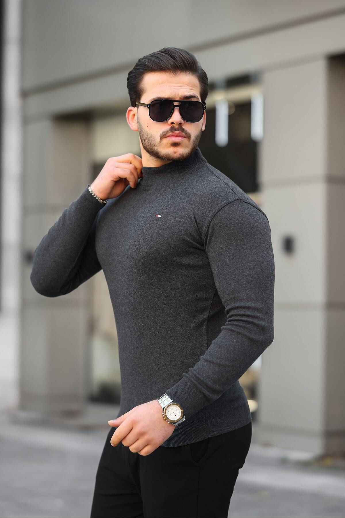 Erkek Yarım Balıkçı Yaka Günlük Antrasit Triko Kazak