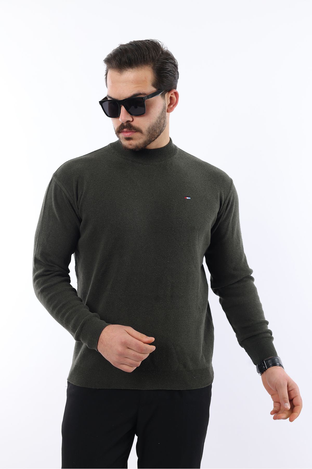 Erkek Yarım Balıkçı Yaka Günlük Haki Triko Kazak