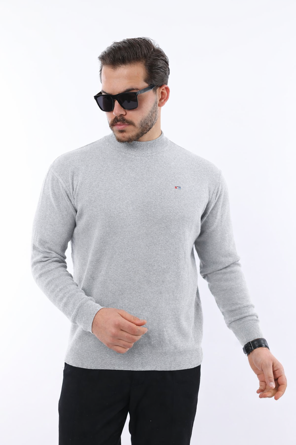 Erkek Yarım Balıkçı Yaka Günlük Gri Triko Kazak