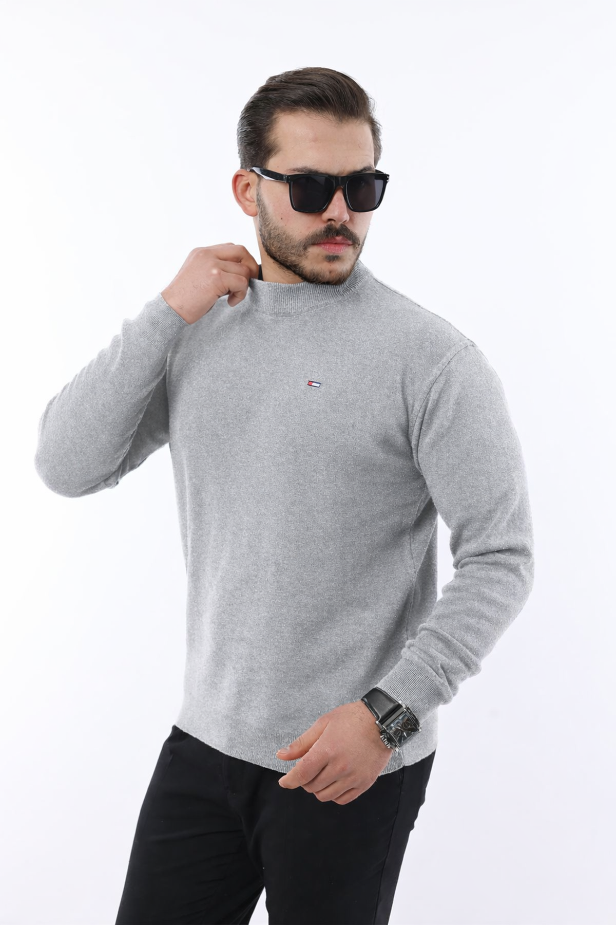 Erkek Yarım Balıkçı Yaka Günlük Gri Triko Kazak