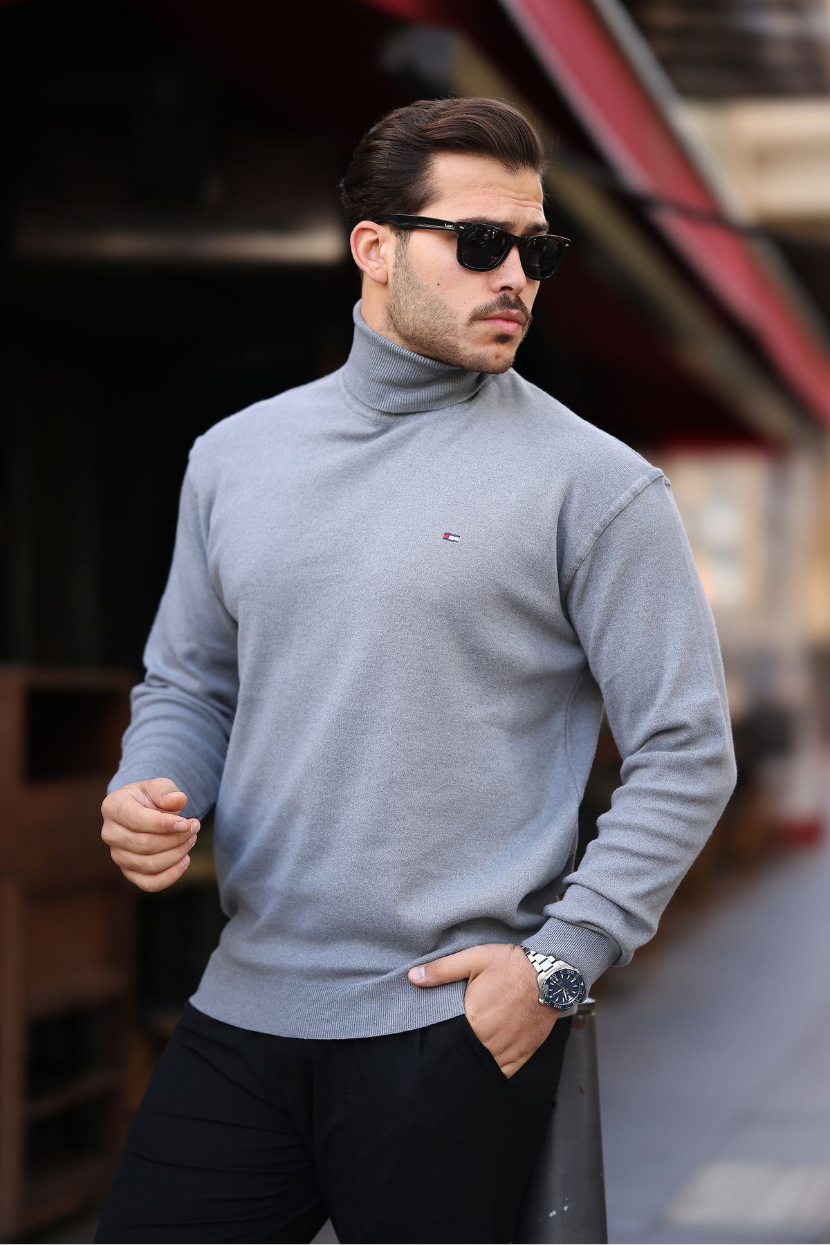 Erkek Günlük Balıkçı Yaka Boğazlı Füme Triko Kazak