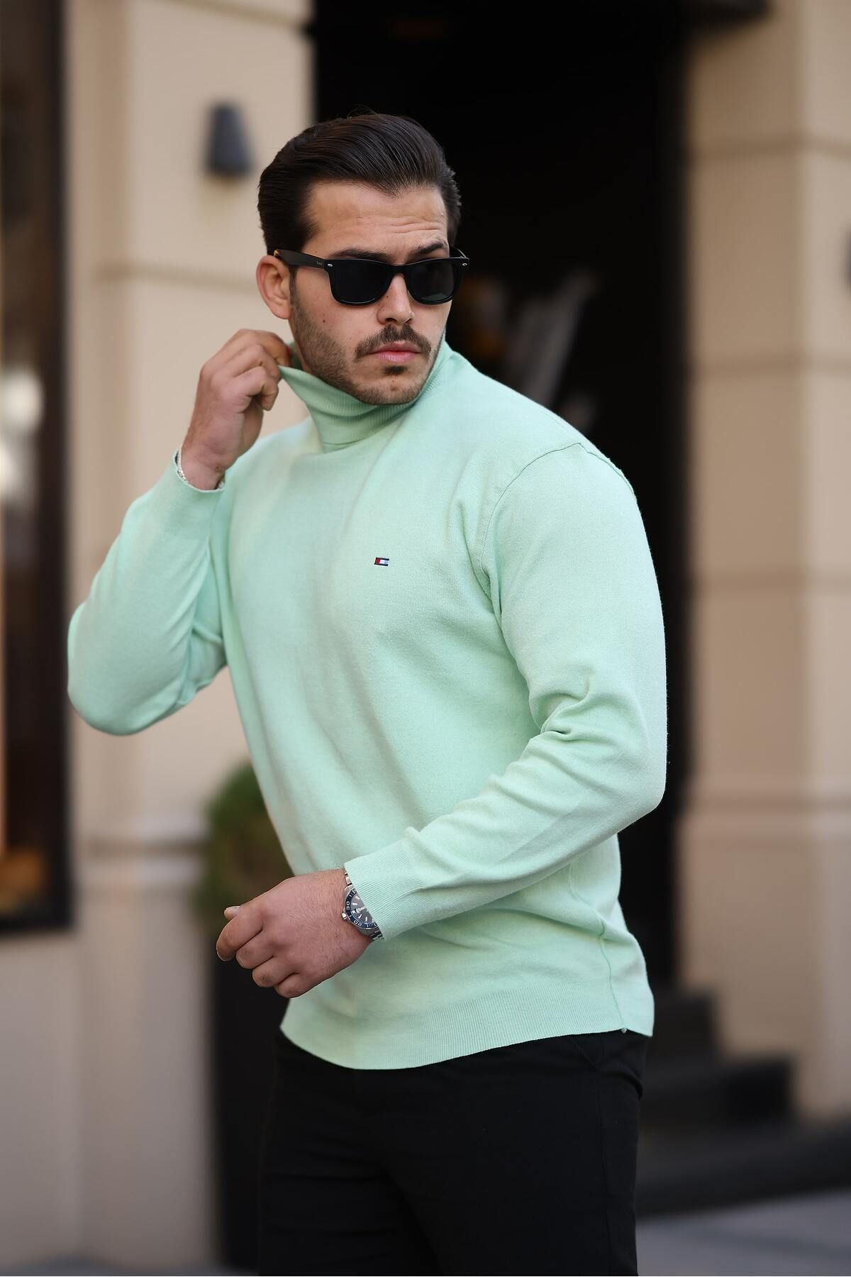 Erkek Günlük Balıkçı Yaka Boğazlı Yeşil Triko Kazak