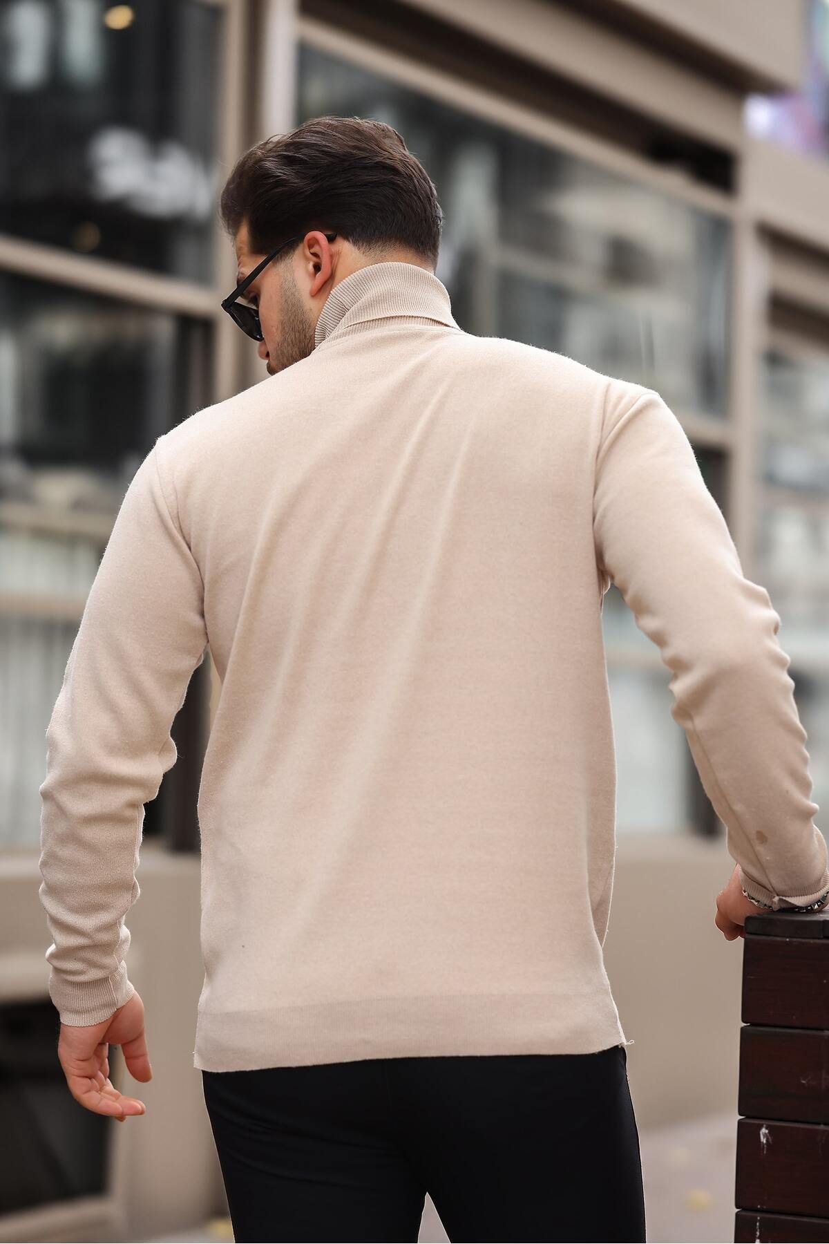 Erkek Günlük Balıkçı Yaka Boğazlı Krem Triko Kazak