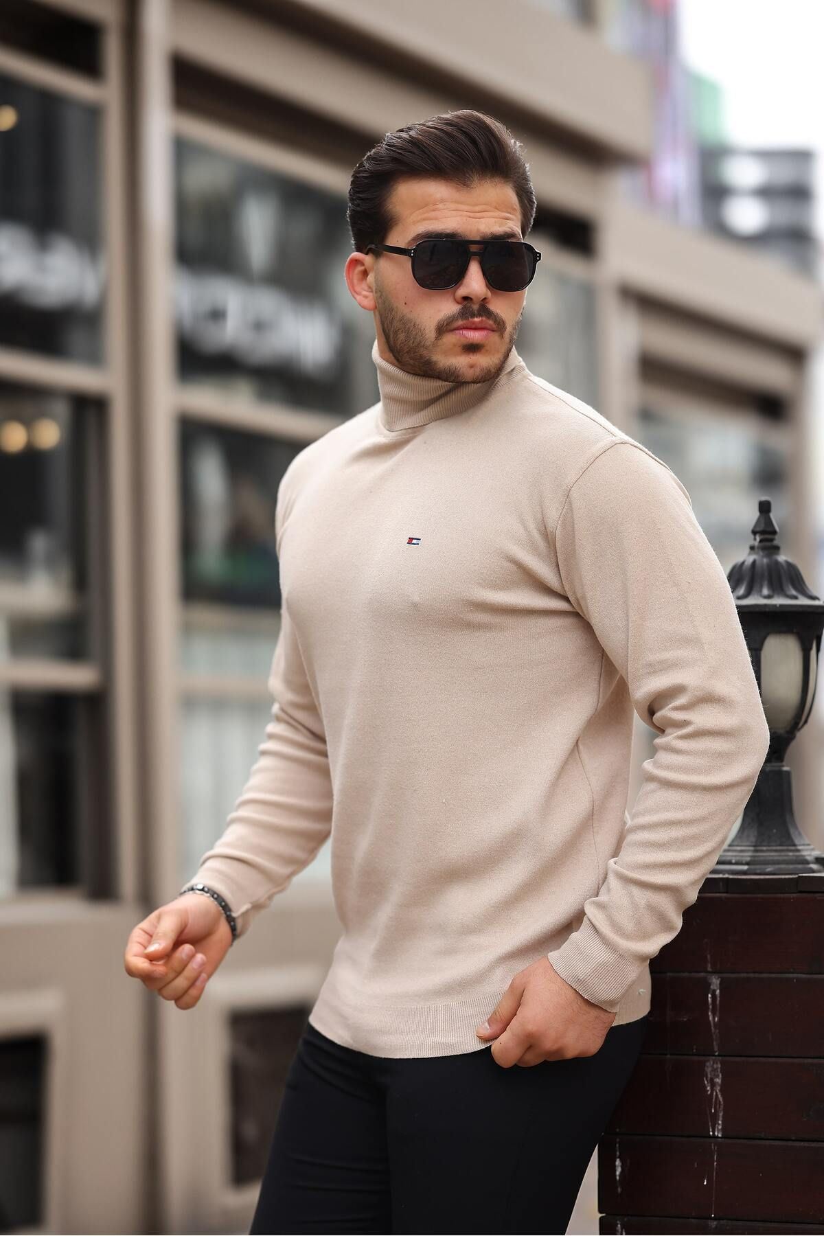 Erkek Günlük Balıkçı Yaka Boğazlı Krem Triko Kazak