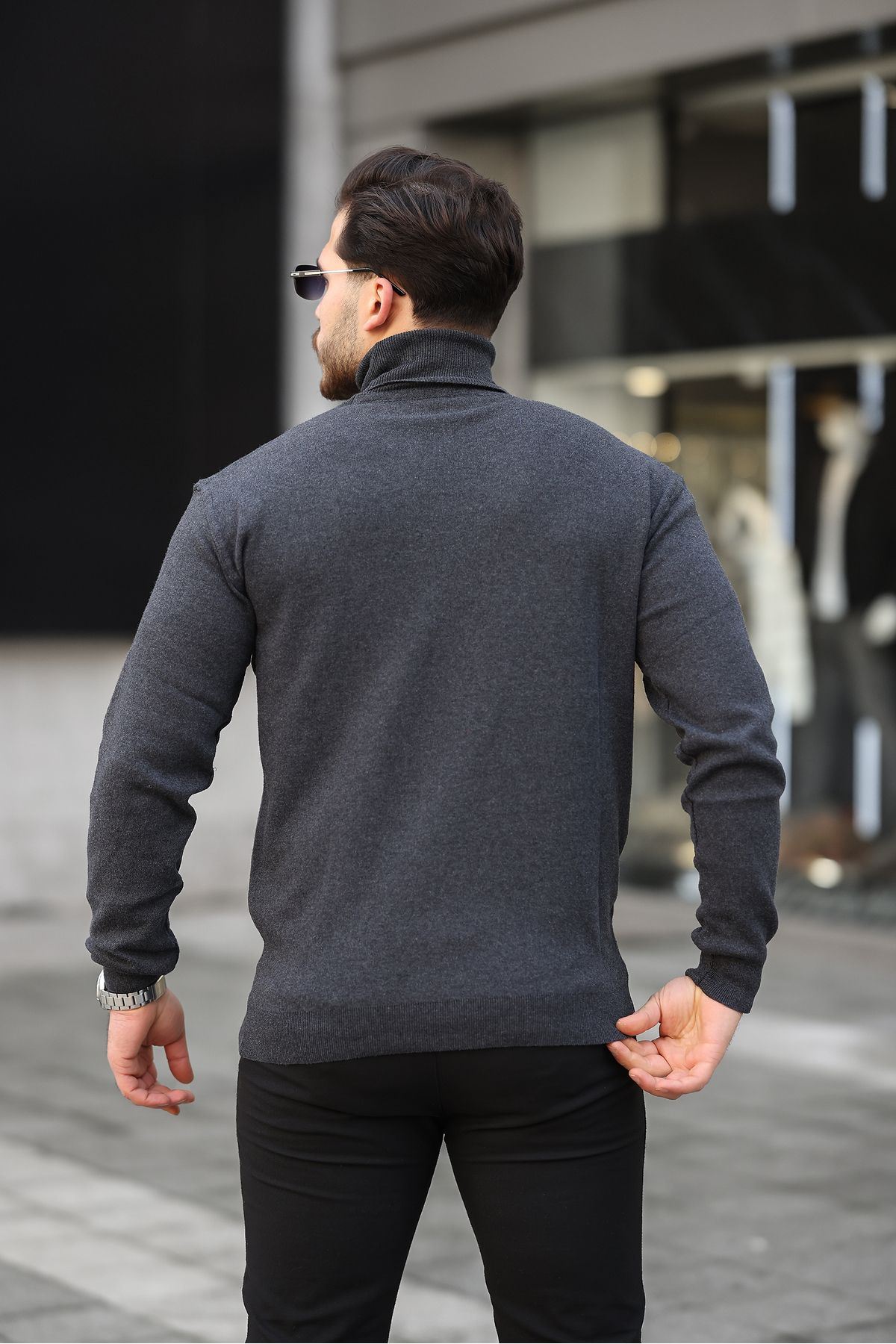 Erkek Günlük Balıkçı Yaka Boğazlı Antrasit Triko Kazak