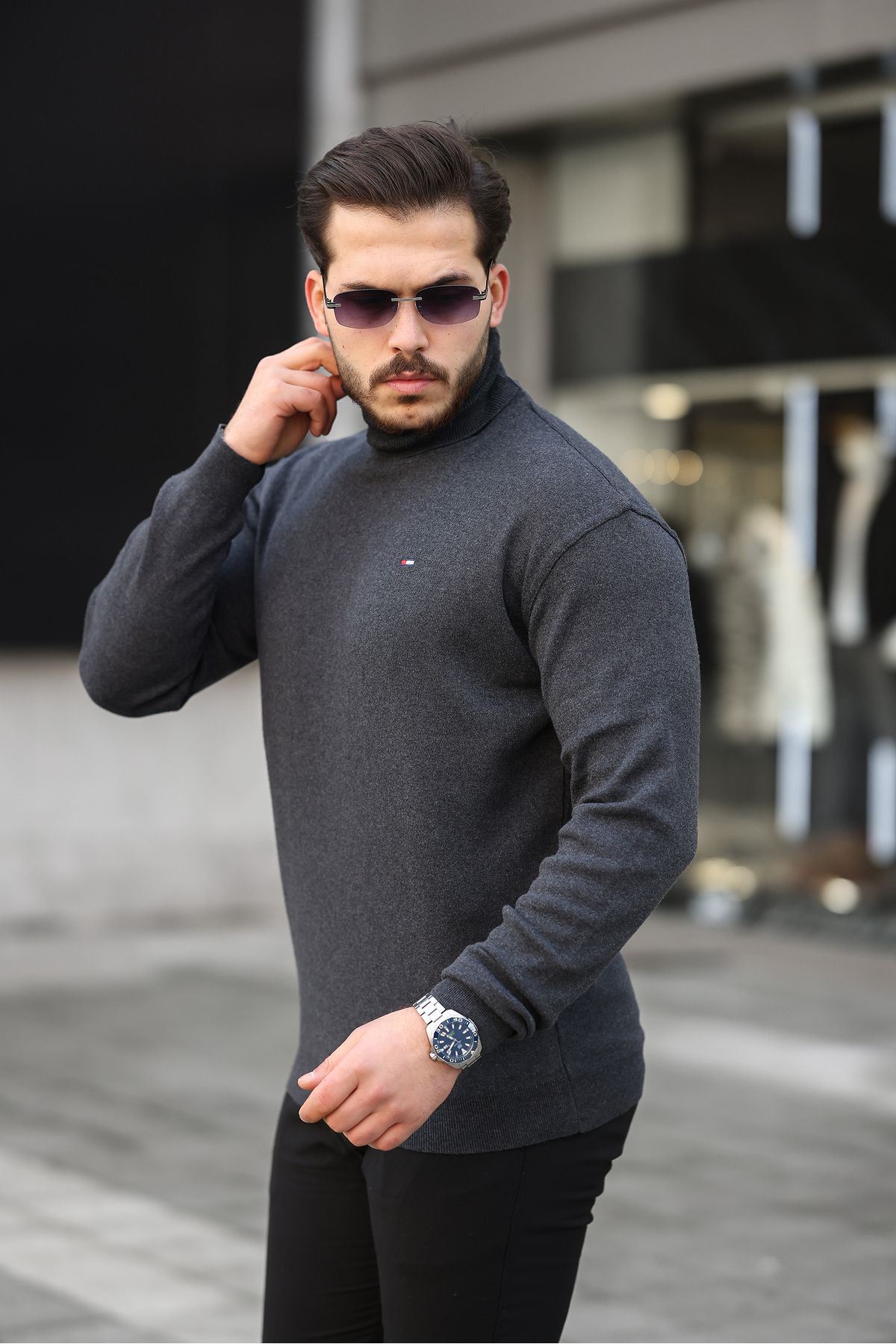 Erkek Günlük Balıkçı Yaka Boğazlı Antrasit Triko Kazak