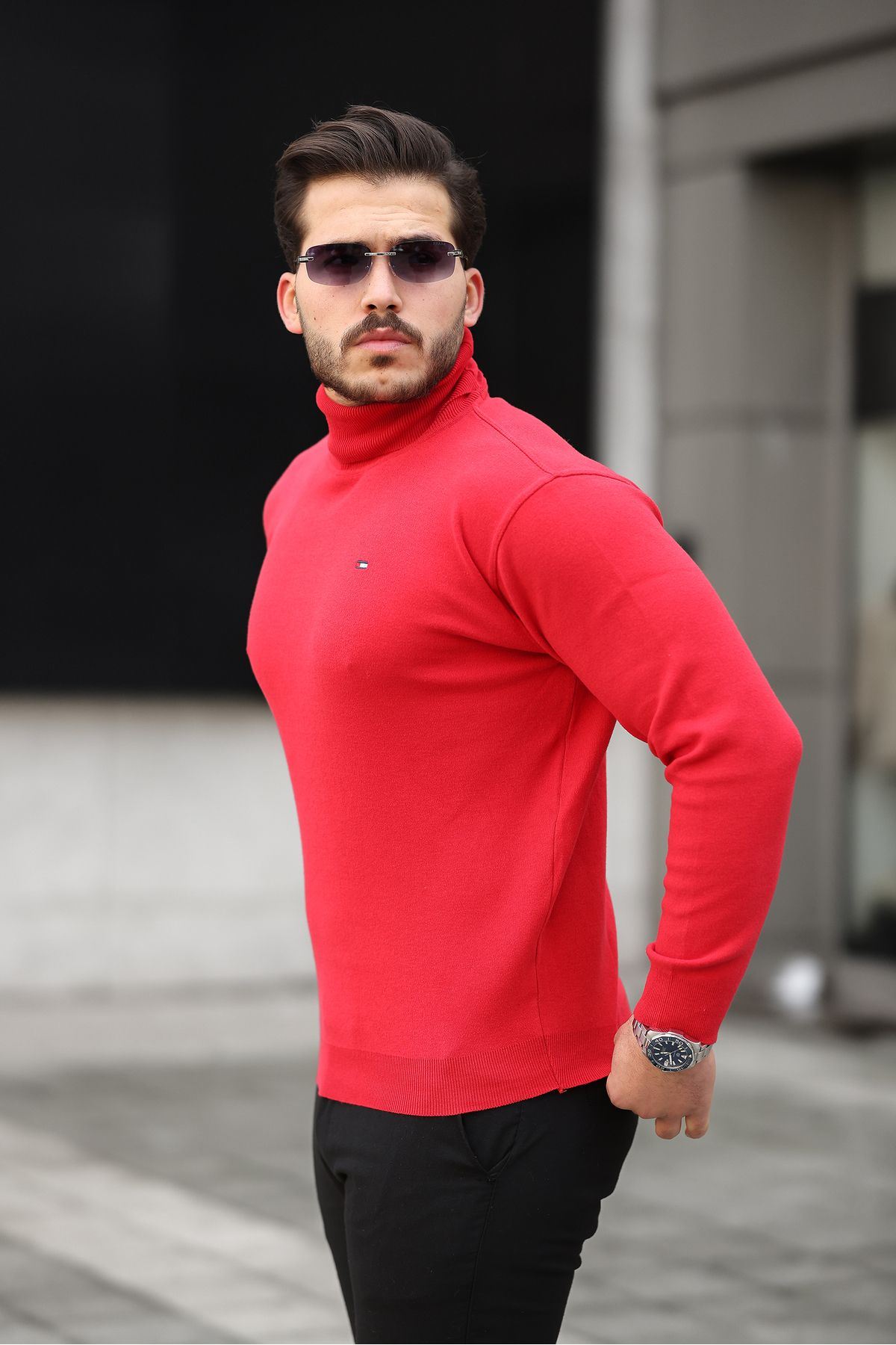 Erkek Günlük Balıkçı Yaka Boğazlı Kırmızı Triko Kazak