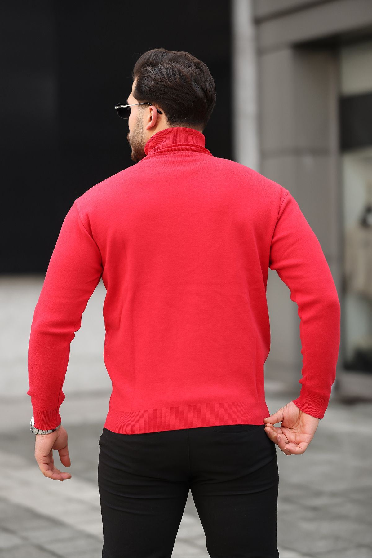 Erkek Günlük Balıkçı Yaka Boğazlı Kırmızı Triko Kazak