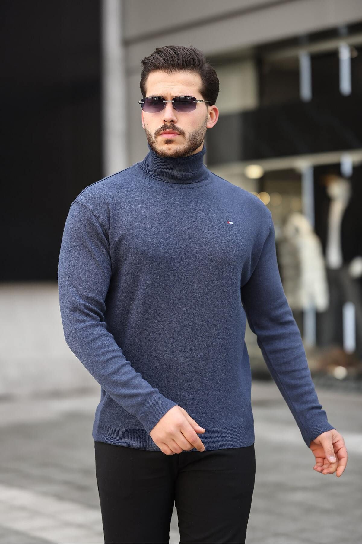 Erkek Günlük Balıkçı Yaka Boğazlı Mavi Triko Kazak