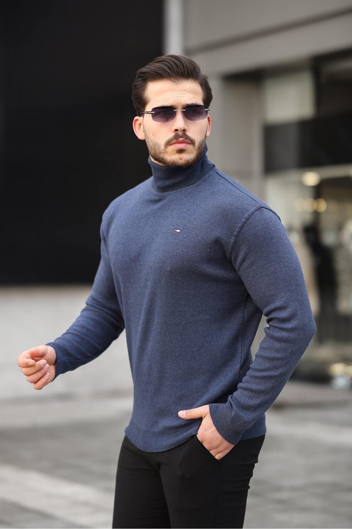 Erkek Günlük Balıkçı Yaka Boğazlı Mavi Triko Kazak