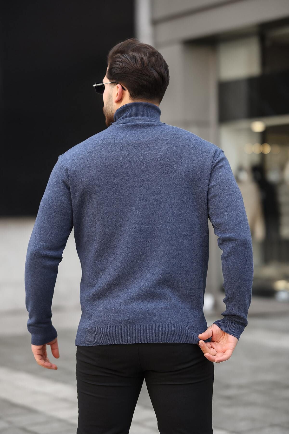 Erkek Günlük Balıkçı Yaka Boğazlı Mavi Triko Kazak