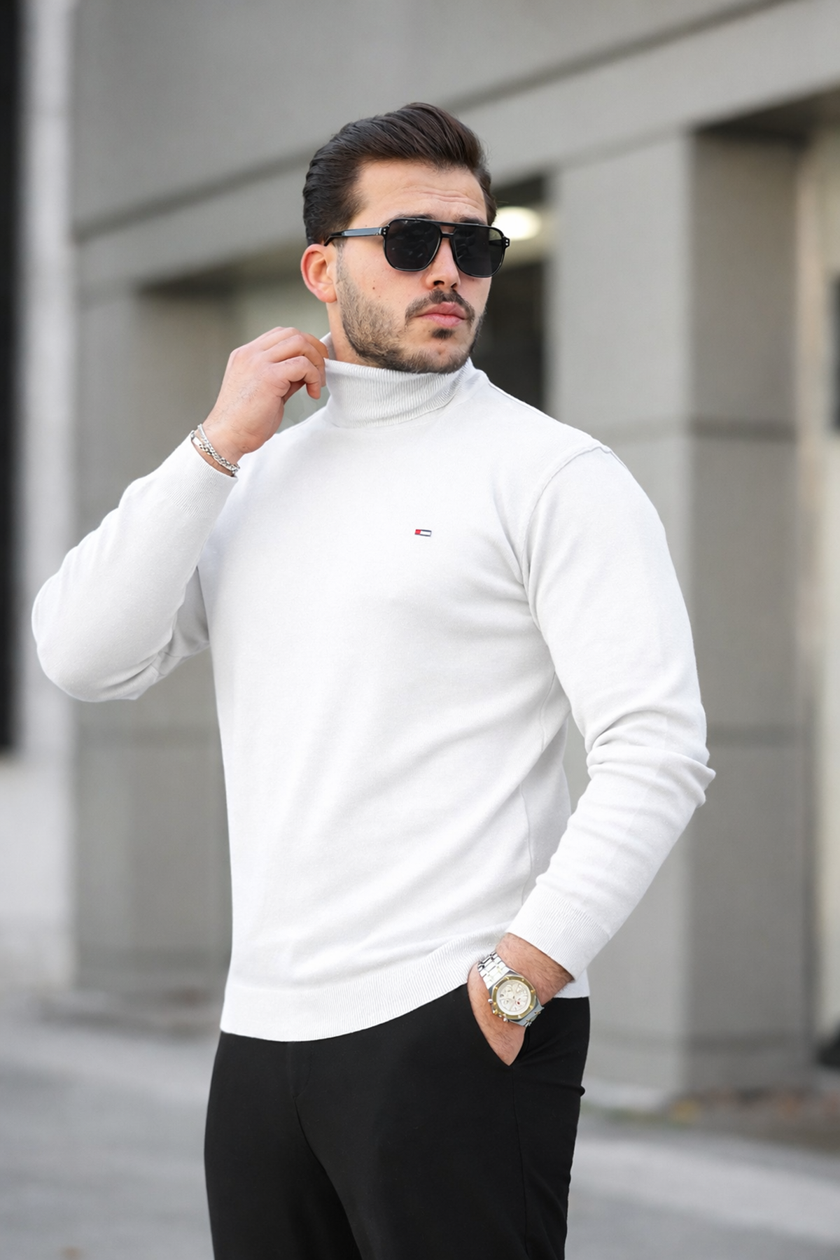 Erkek Günlük Balıkçı Yaka Boğazlı A.Beyaz Triko Kazak