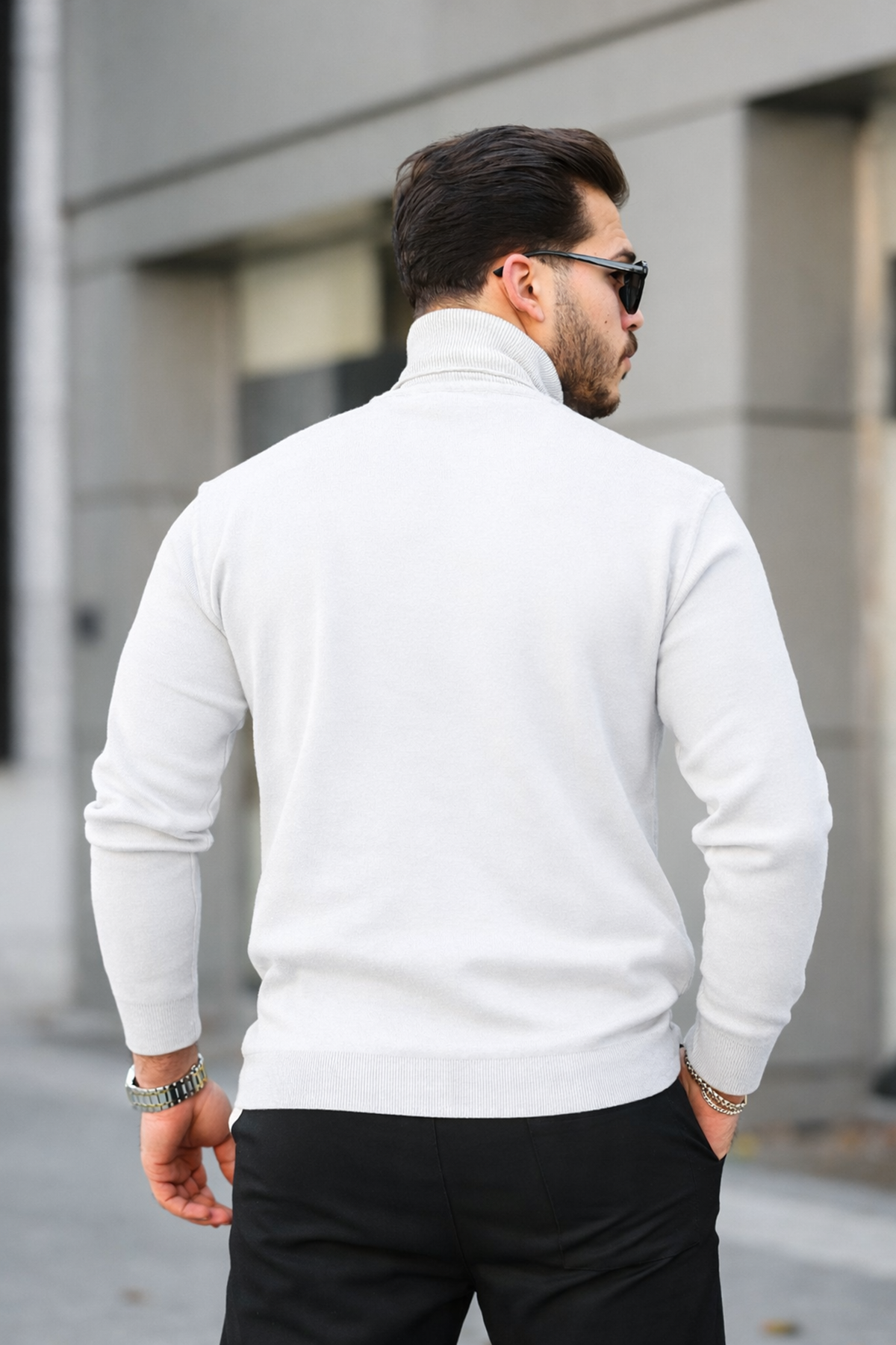 Erkek Günlük Balıkçı Yaka Boğazlı A.Beyaz Triko Kazak