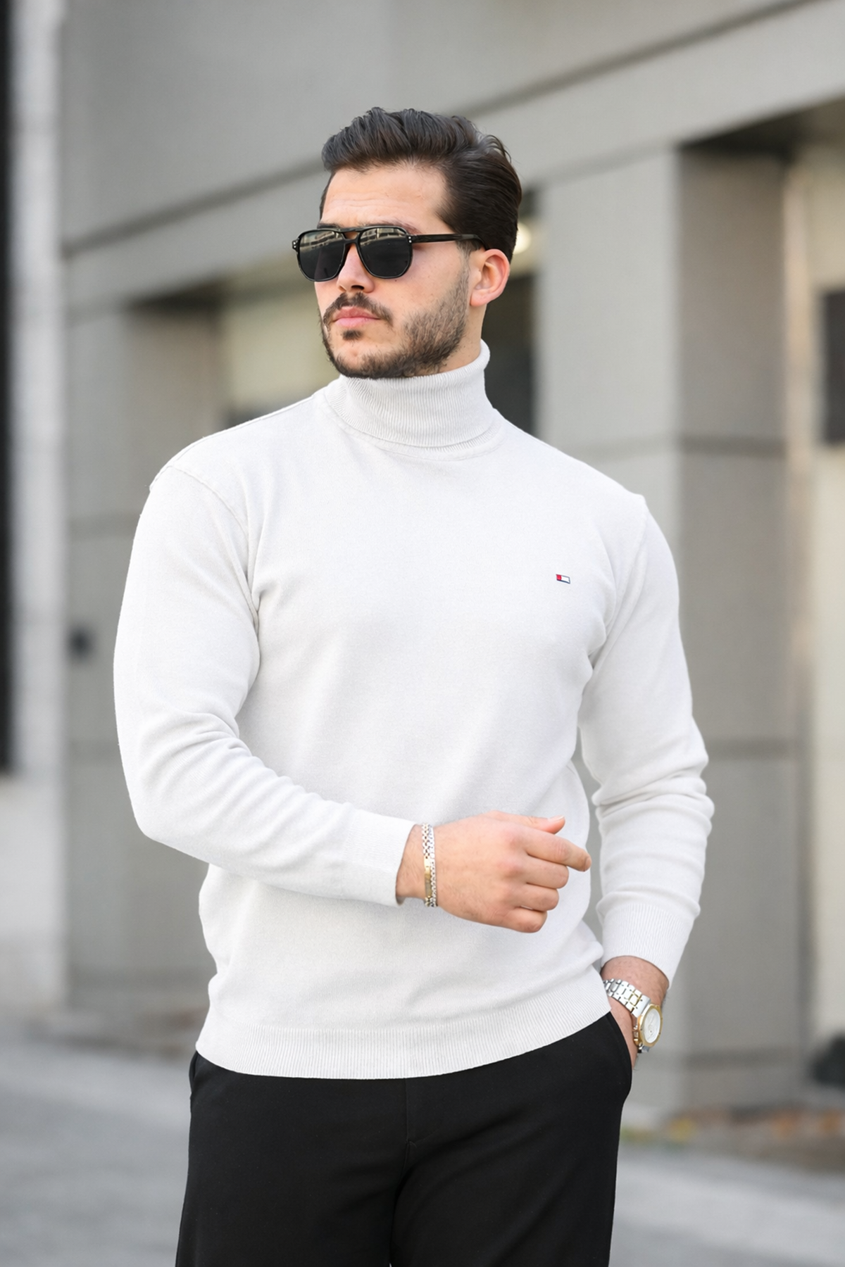 Erkek Günlük Balıkçı Yaka Boğazlı A.Beyaz Triko Kazak