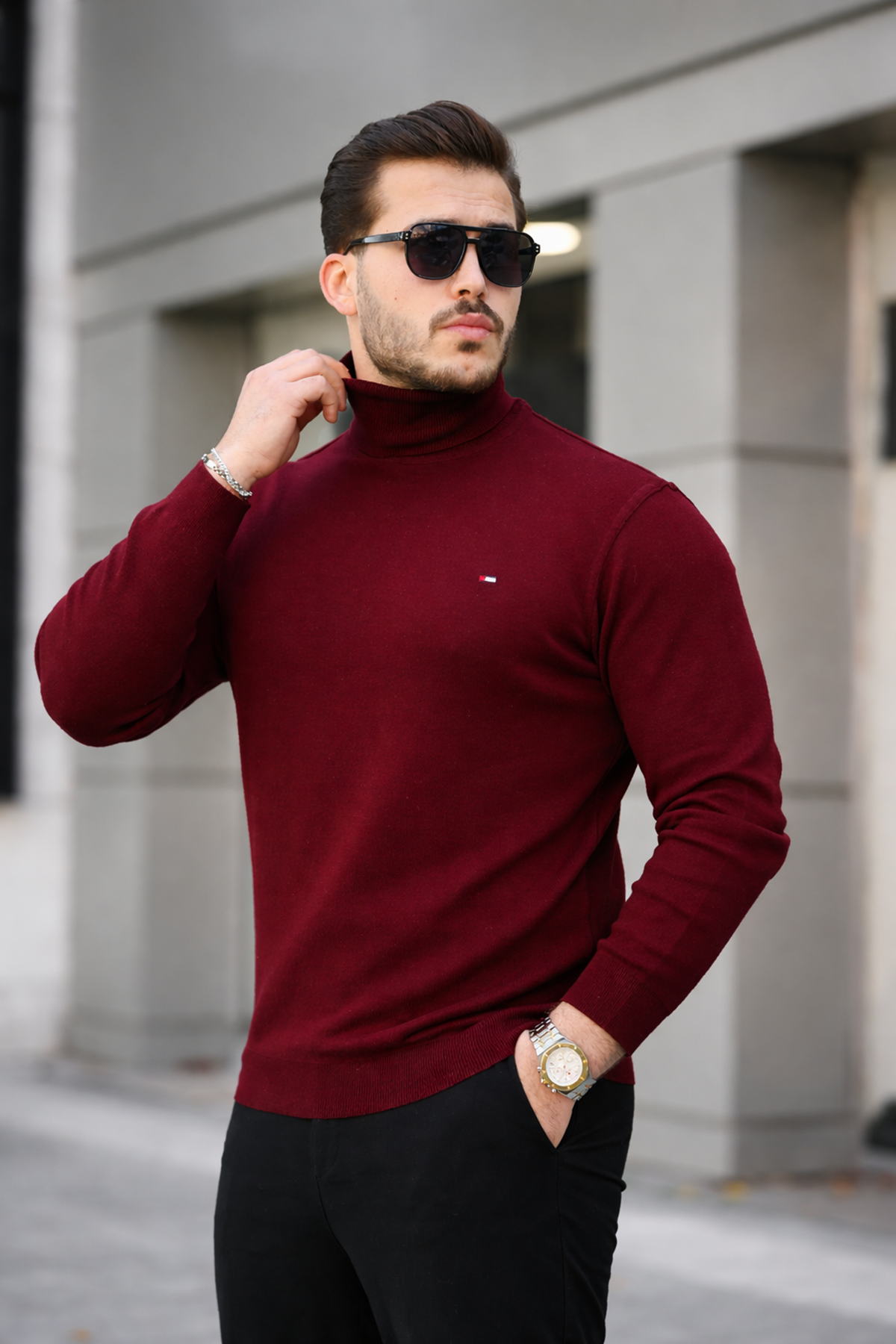Erkek Günlük Balıkçı Yaka Boğazlı Bordo Triko Kazak