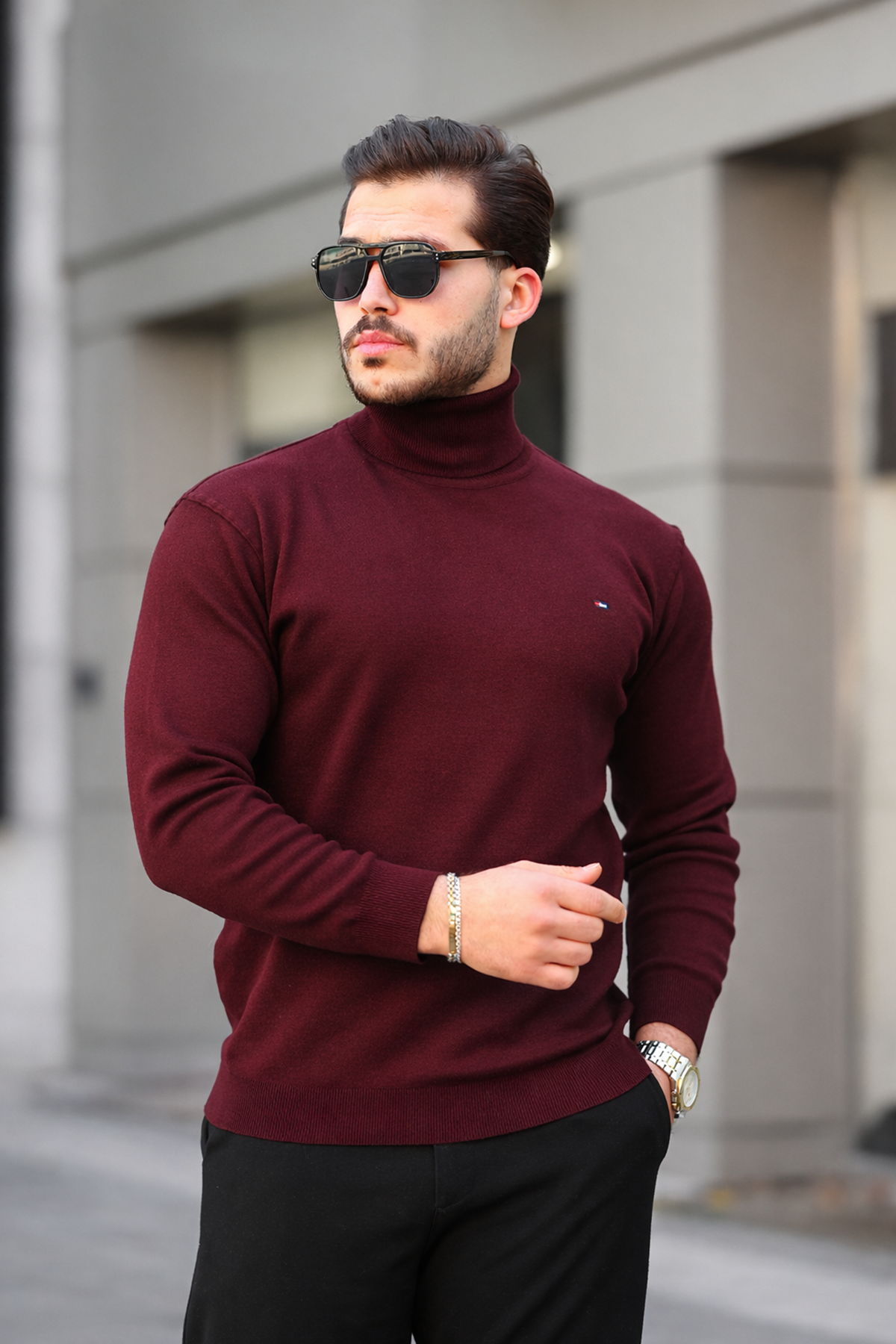 Erkek Günlük Balıkçı Yaka Boğazlı Bordo Triko Kazak