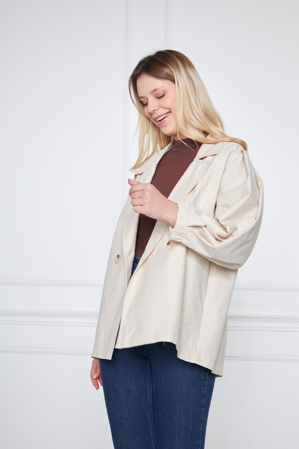 Kadın A KALİTE Astarlı Su İtici Basic Kısa Trençkot