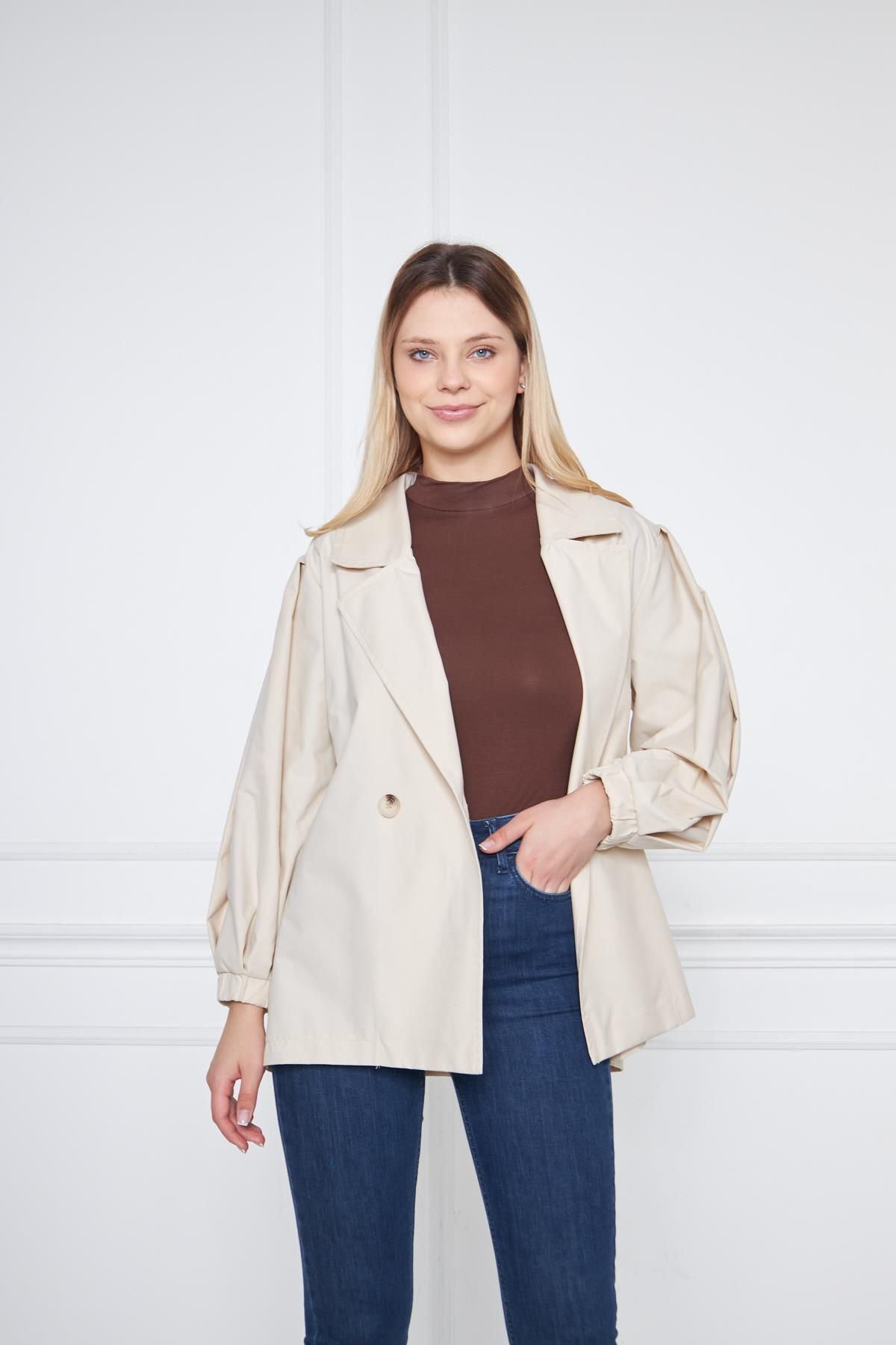 Kadın A KALİTE Astarlı Su İtici Basic Kısa Trençkot